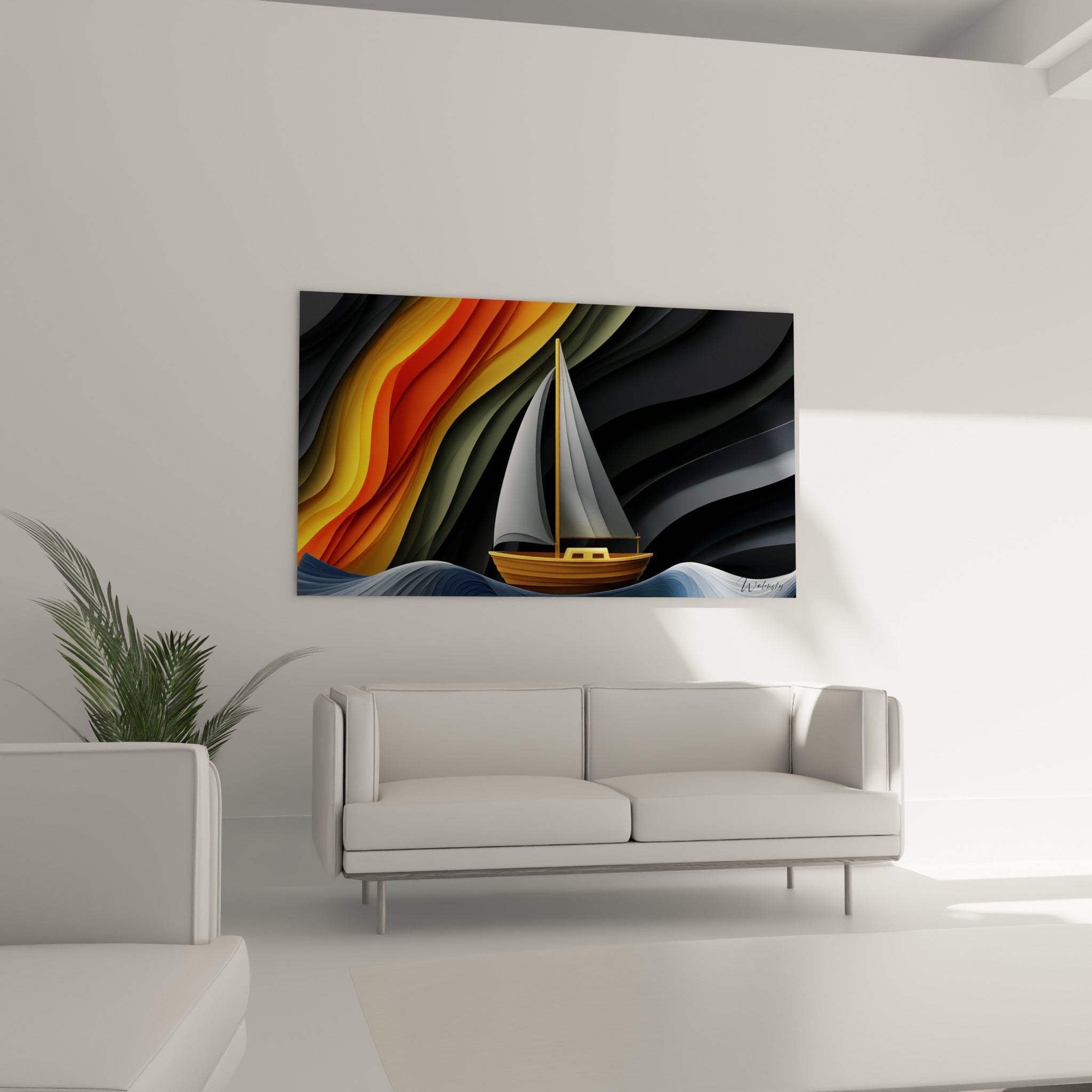 Bateau jaune aux voiles grises traversant un décor ondulé bleu et orange, placé au-dessus d'un canapé dans un salon lumineux