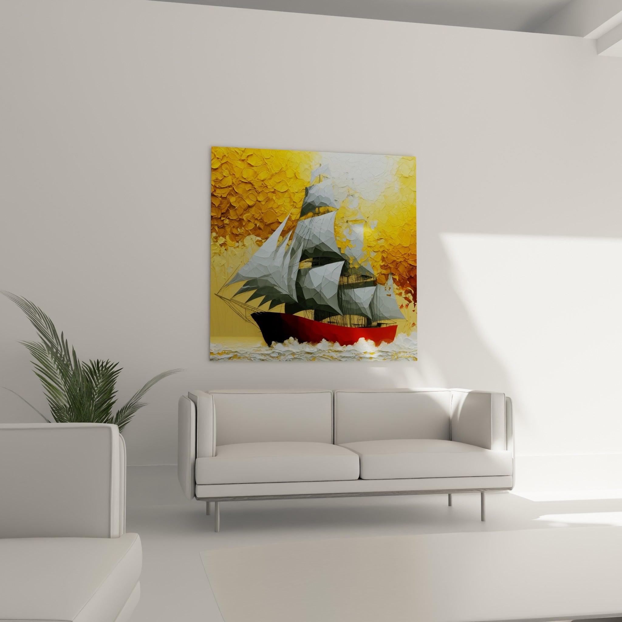 Navire aux voiles blanches et coque écarlate, tableau bateau abstrait au-dessus d'un canapé dans un salon lumineux