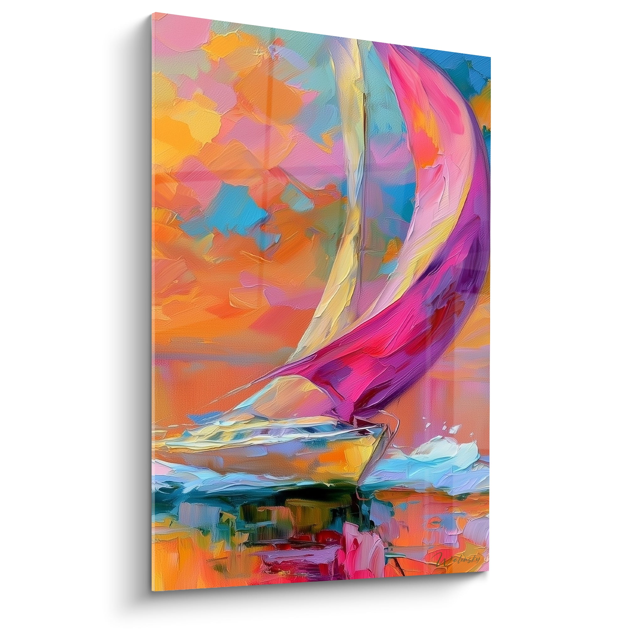 Voilier bateau abstrait aux voiles magenta et violettes sur ciel orange incandescent, touches empâtées