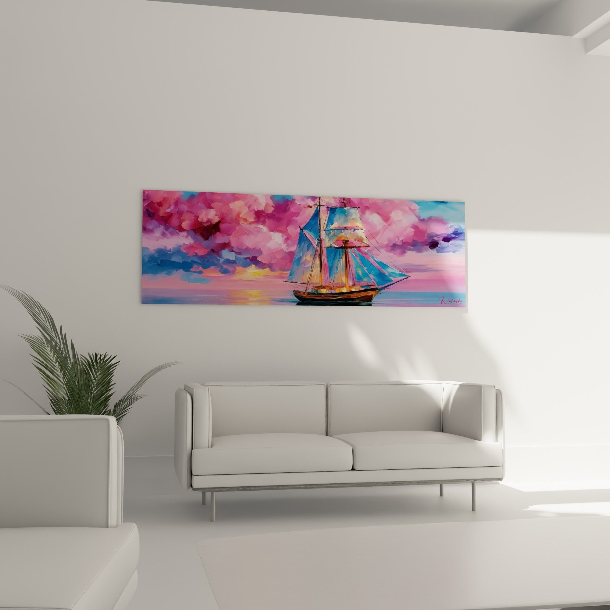 Voiles bleu marine du bateau abstrait illuminées par un coucher de soleil doré, au-dessus d'un canapé dans un salon lumineux