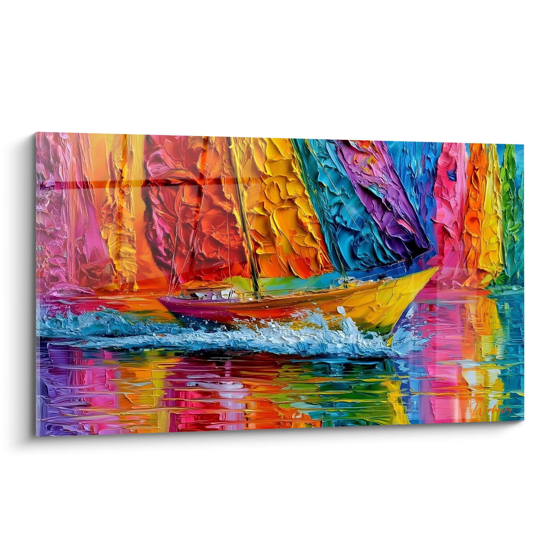 Voilier bateau abstrait aux voiles orange, turquoise et violettes fendant des eaux colorées