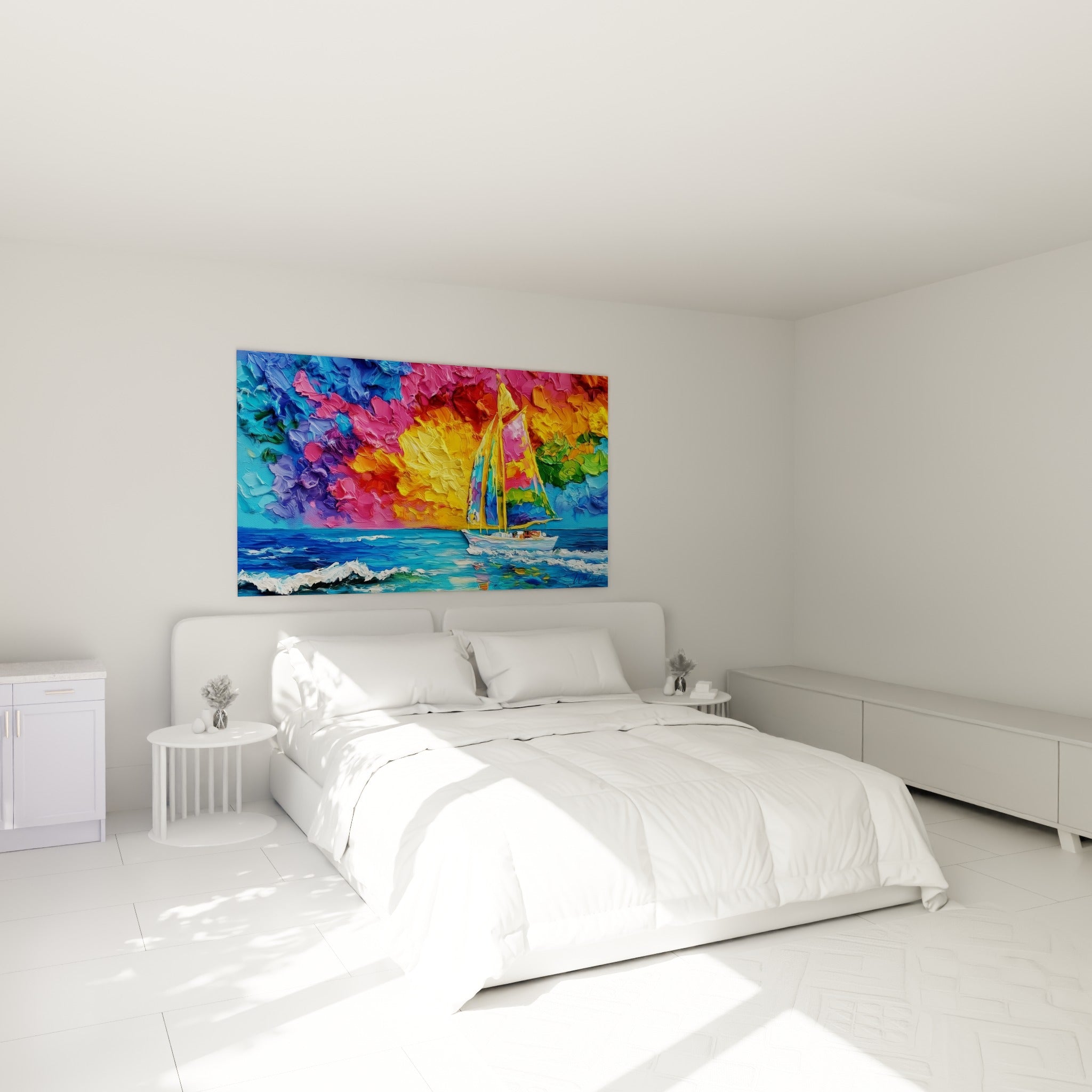 Voilier coloré aux teintes roses et bleu marine peint au couteau, au-dessus d'un lit dans une chambre claire