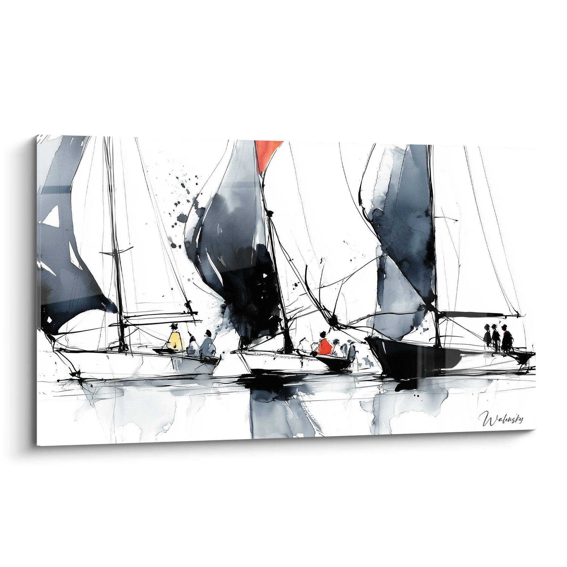 Voiliers noirs à l'encre avec flamme orange, tableau bateau abstrait sur fond blanc éclatant