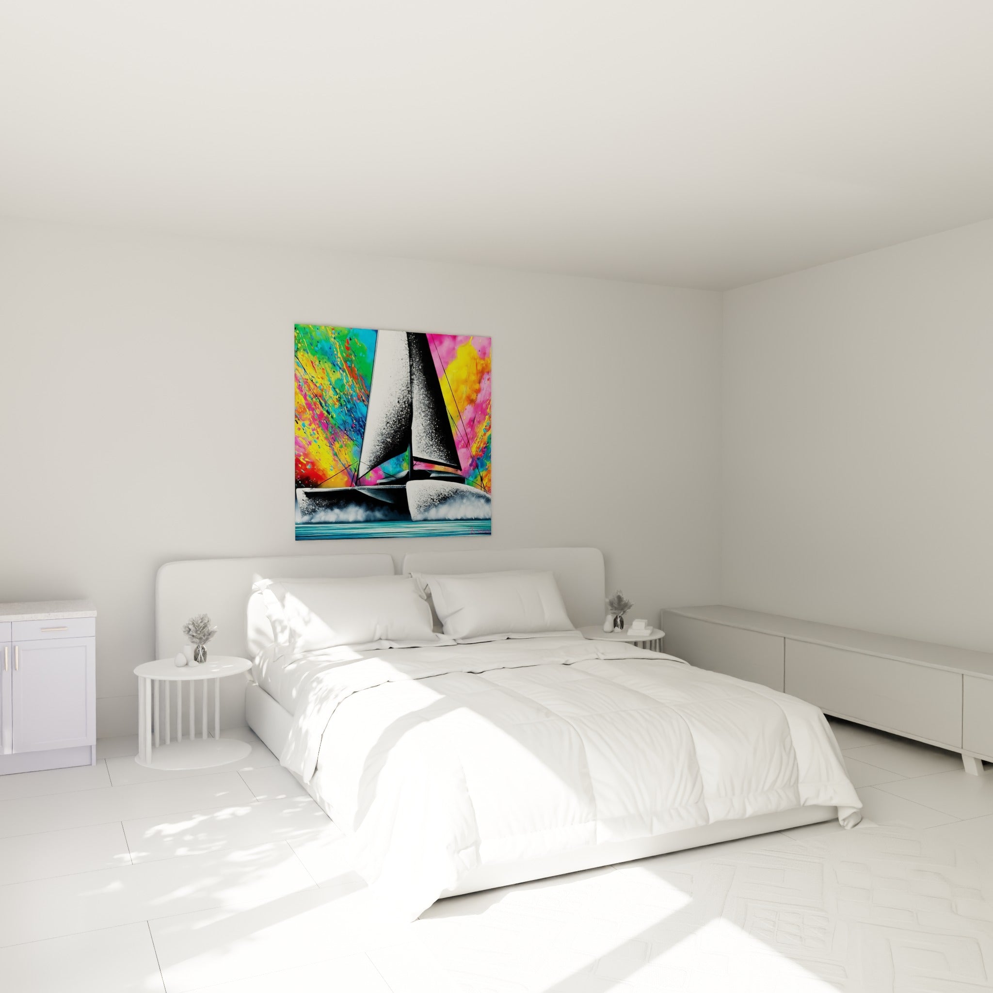 Voilier noir et fond multicolore fuchsia et jaune au-dessus d'un lit dans une chambre claire