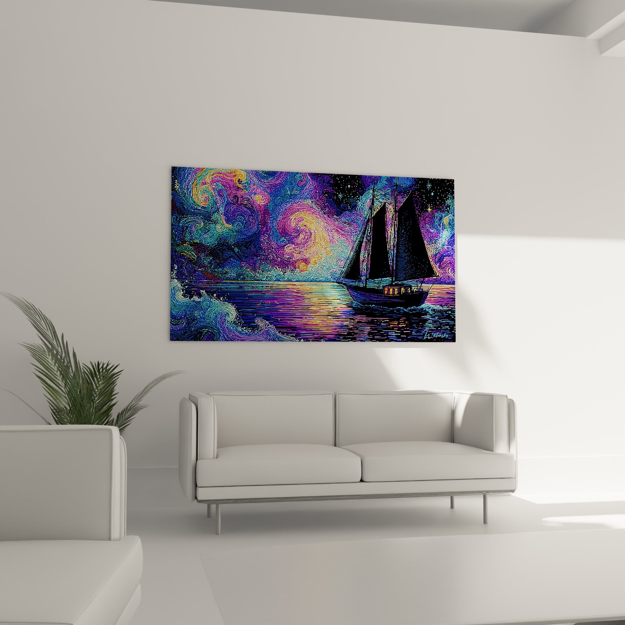 Bateau à voiles noires glissant sur une mer scintillante d'or et de mauve, tableau bateau abstrait au-dessus d'un canapé dans un salon lumineux