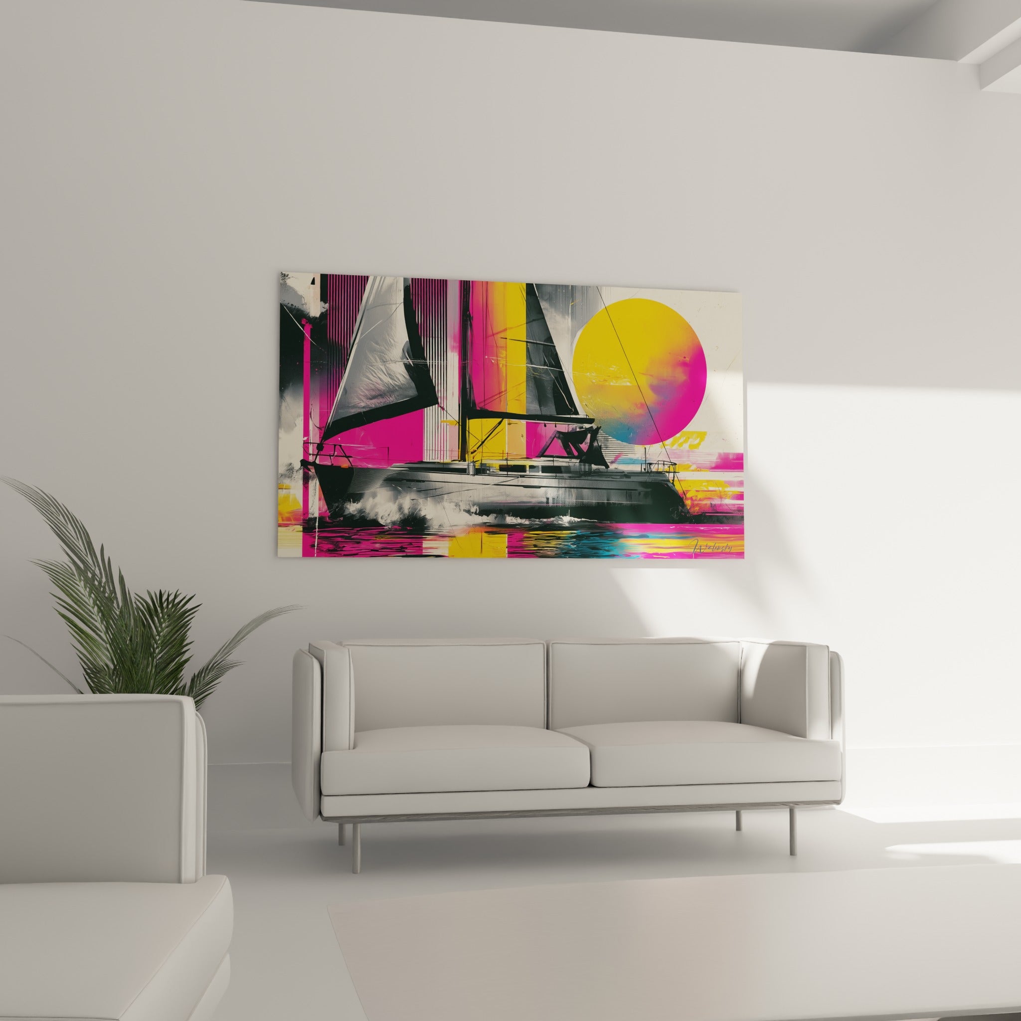 Bateau à voile noir traversant l'écume sous un soleil jaune rosé, au-dessus d'un canapé dans un salon lumineux