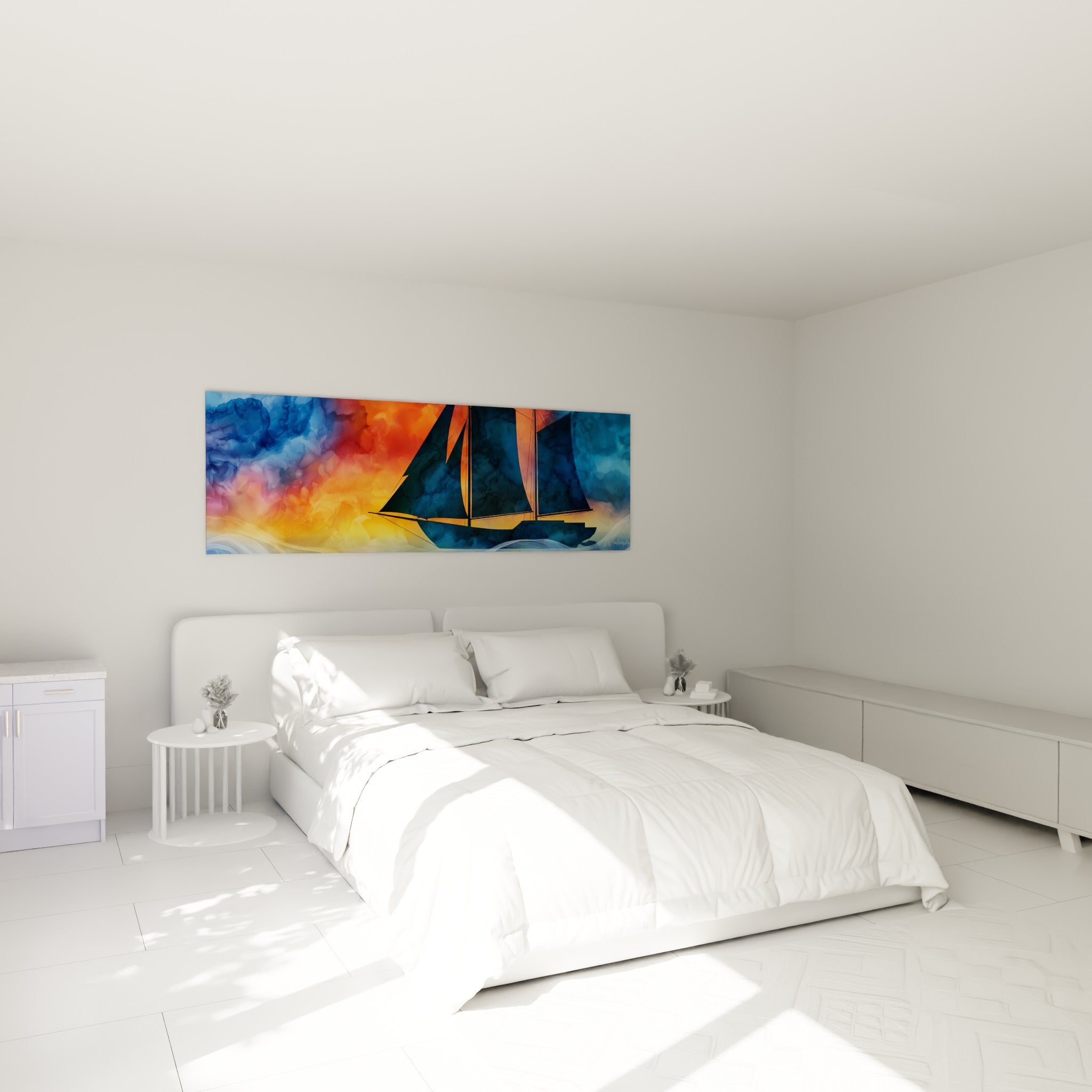 Trois mâts bleu marine et ciel orangé du tableau bateau abstrait au-dessus d'un lit dans une chambre claire