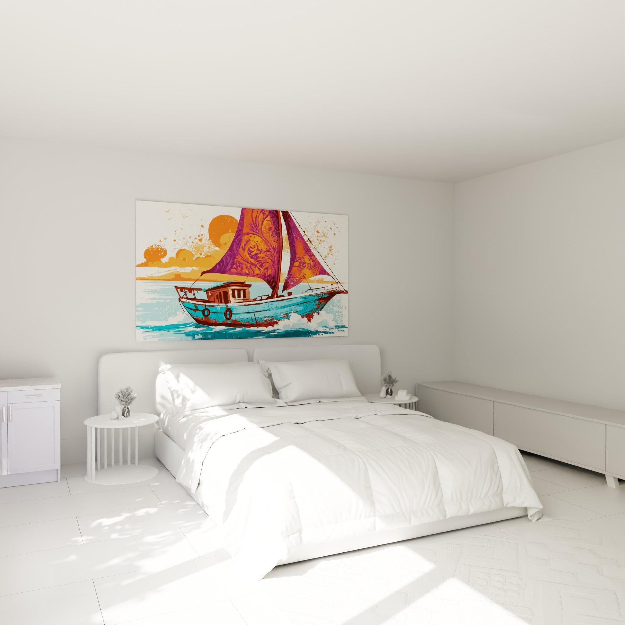 Bateau à voile turquoise et pourpre glissant sur une mer agitée, accroché au-dessus d'un lit dans une chambre claire