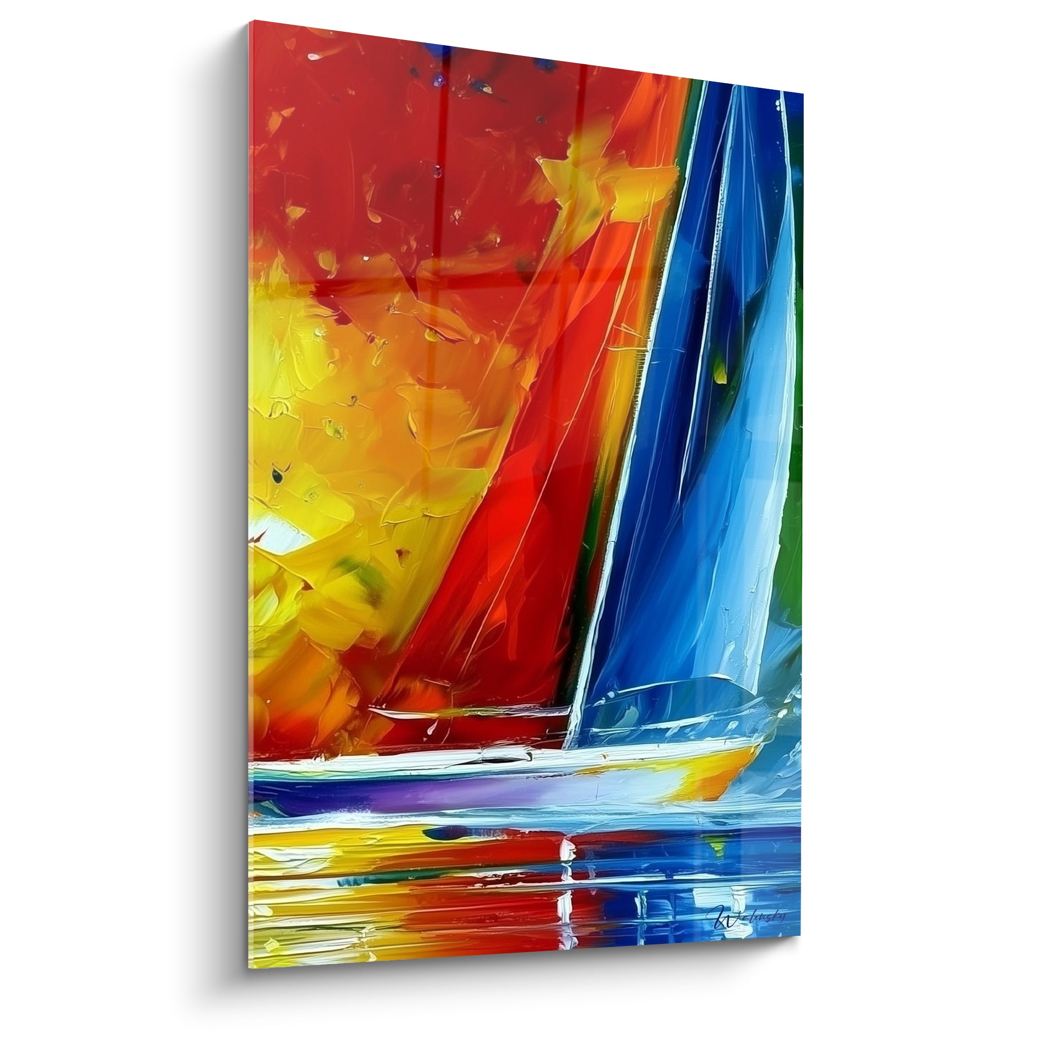 Voilier abstrait aux voiles bleu marine et rouge écarlate, ciel doré peint au couteau