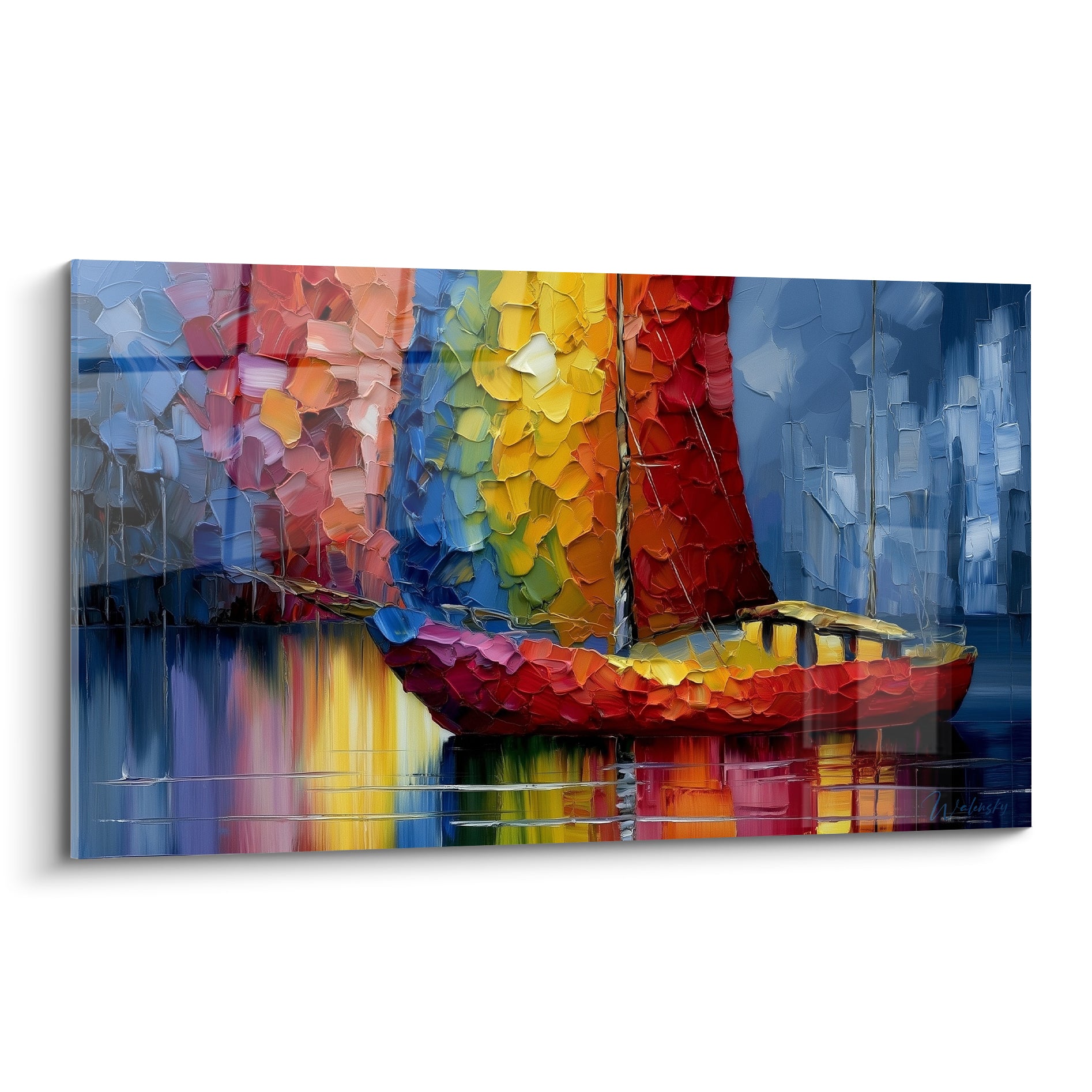 Voilier rouge et bleu marine aux voiles jaunes et pourpres, peinture au couteau texturée