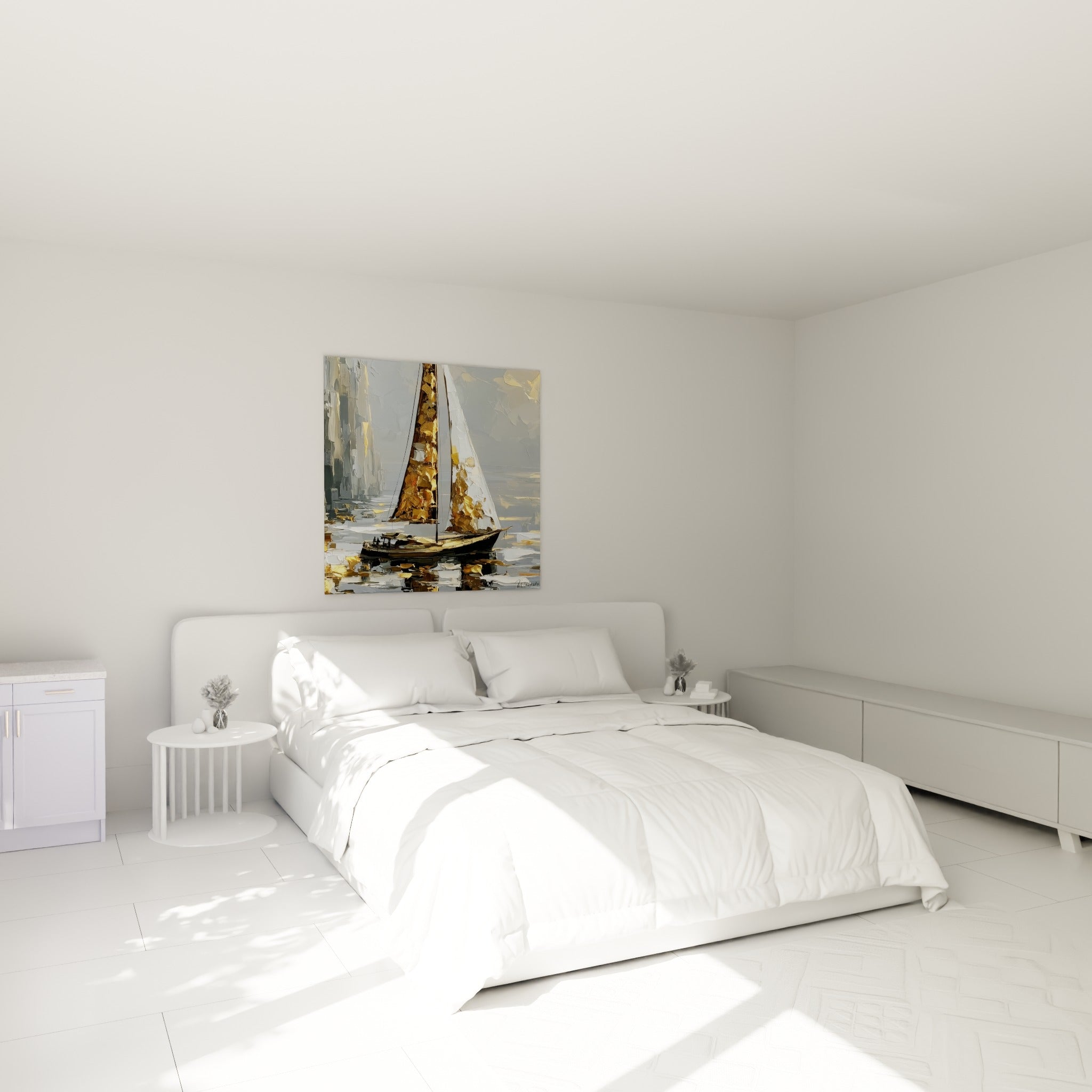 Coque sombre et voiles dorées d'un voilier abstrait accrochées au-dessus d'un lit dans une chambre claire