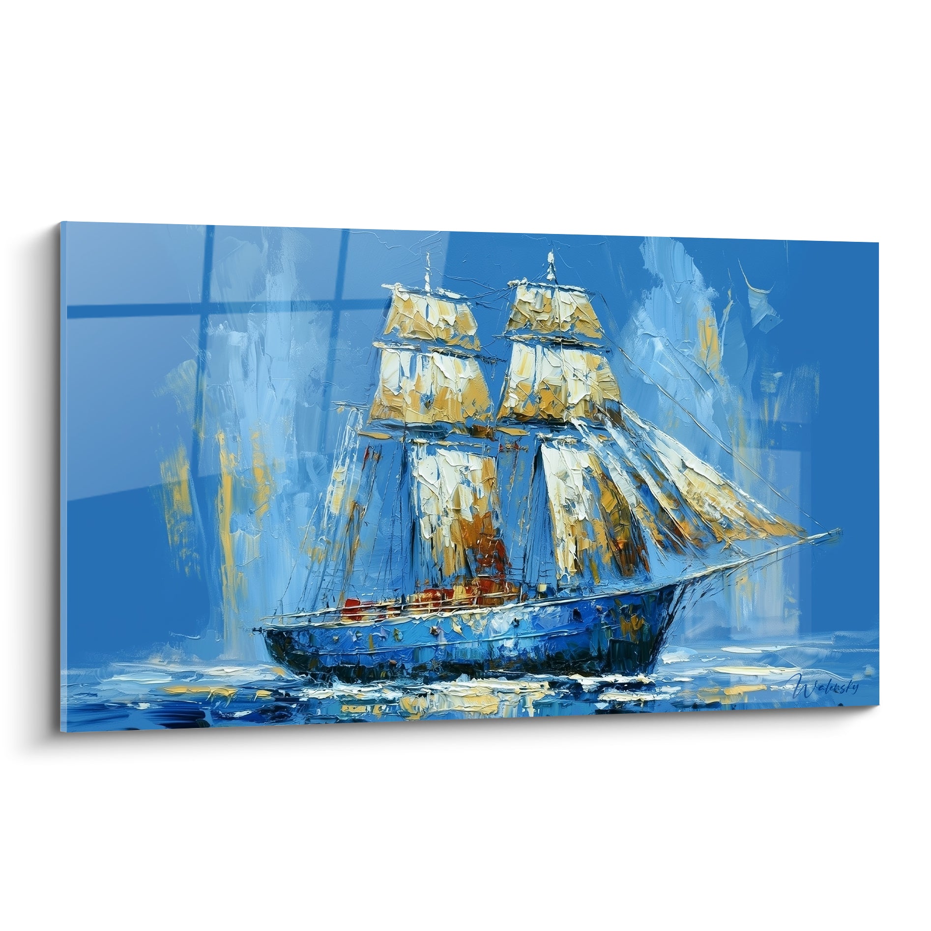 Voilier bleu marine aux voiles dorées, tableau bateau abstrait à la texture peinte au couteau