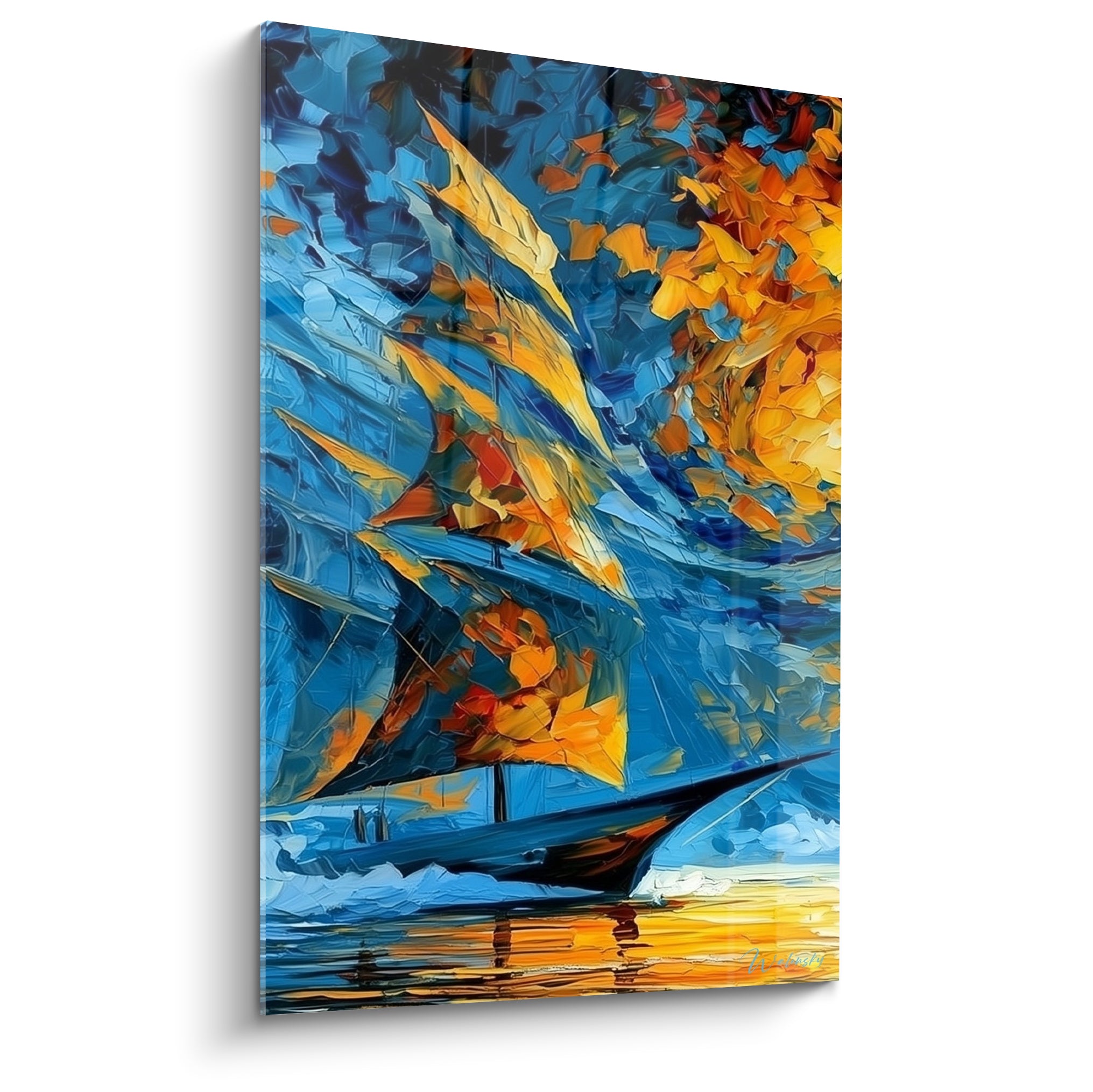 Voilier bleu marine aux voiles dorées fendant les flots sous un ciel embrasé, tableau bateau abstrait texturé