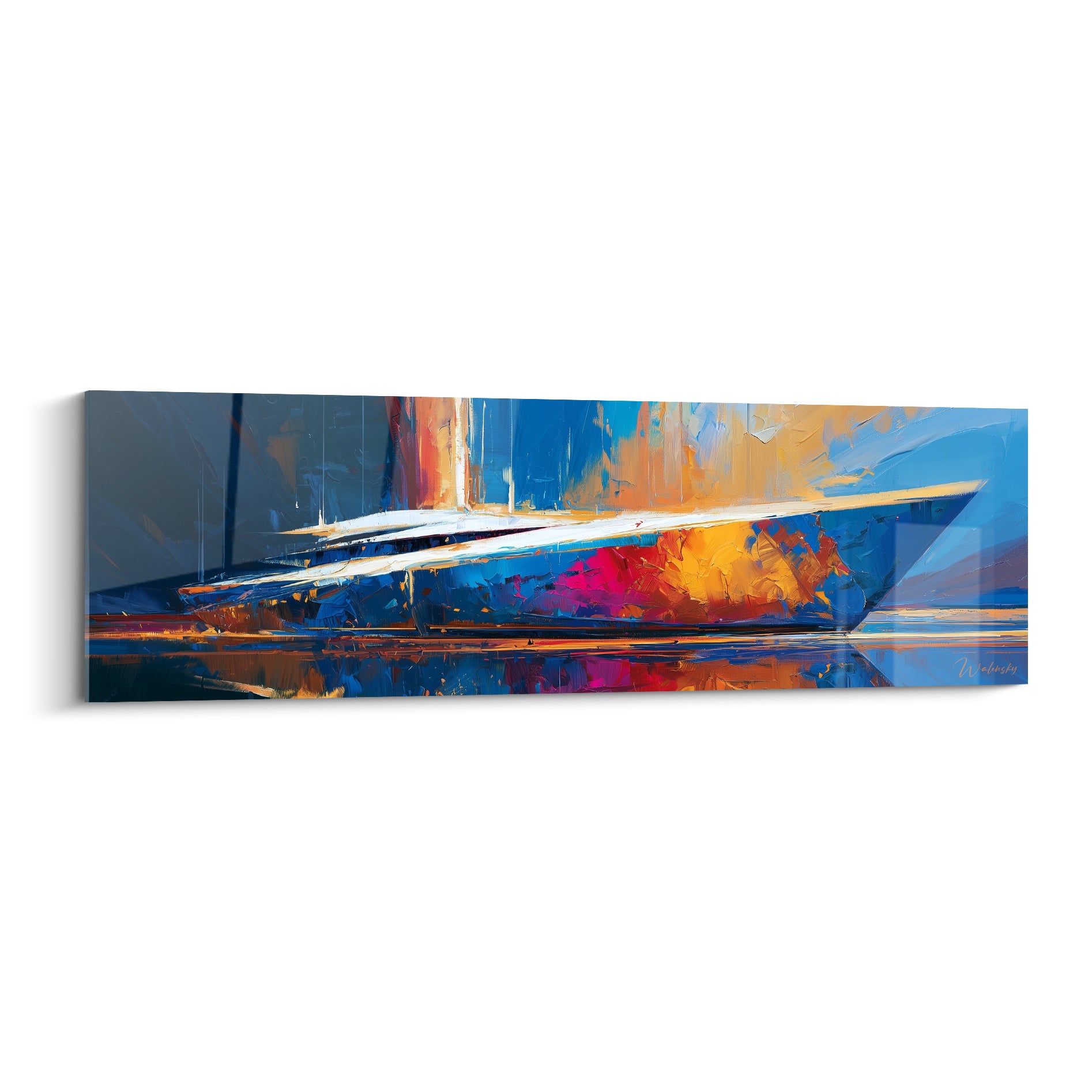 Voilier bleu marine et doré aux voiles blanches, touches fuchsia vibrantes sur une mer scintillante