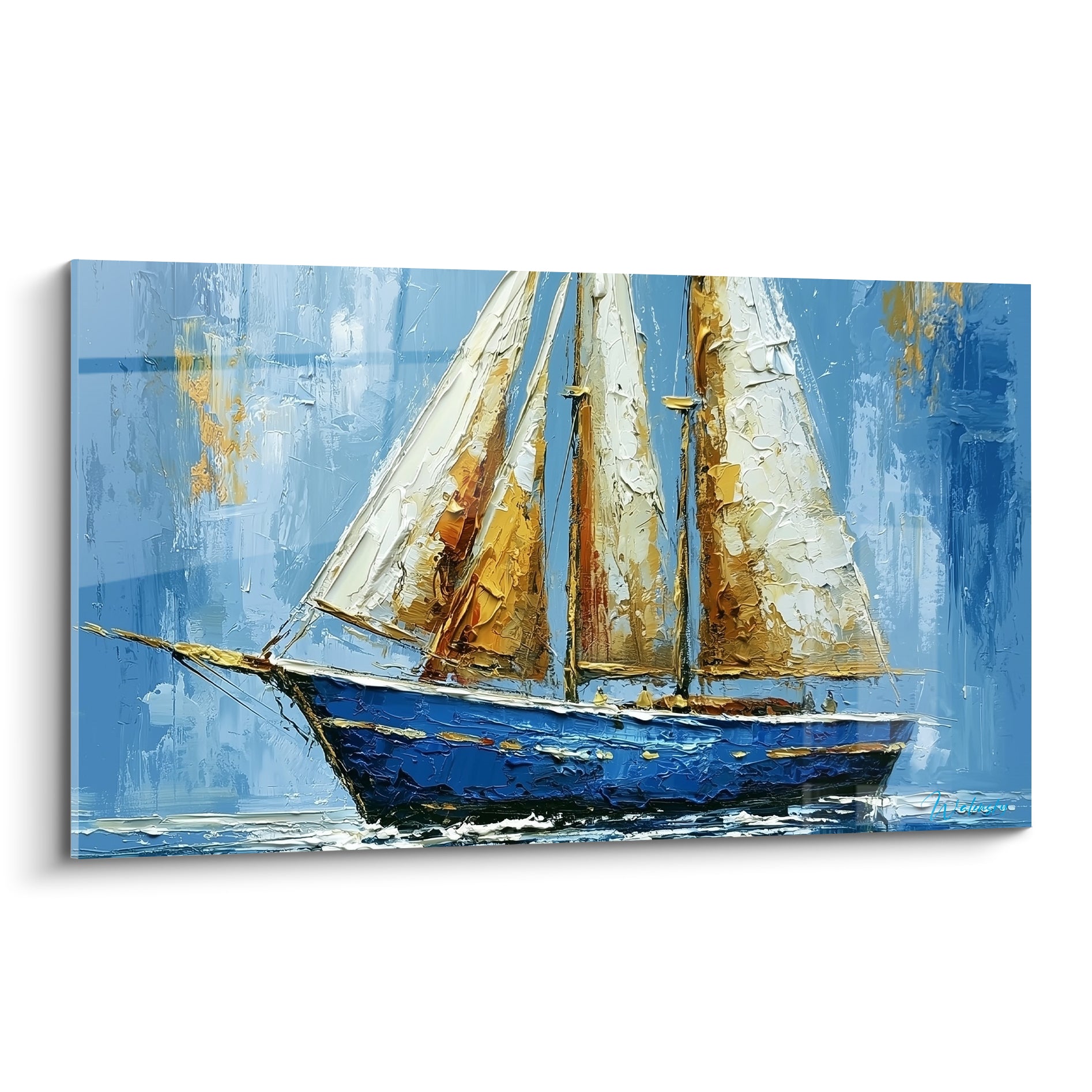Voilier bleu marine aux voiles dorées et blanches, texture épaisse peinte au couteau sur fond bleu ciel