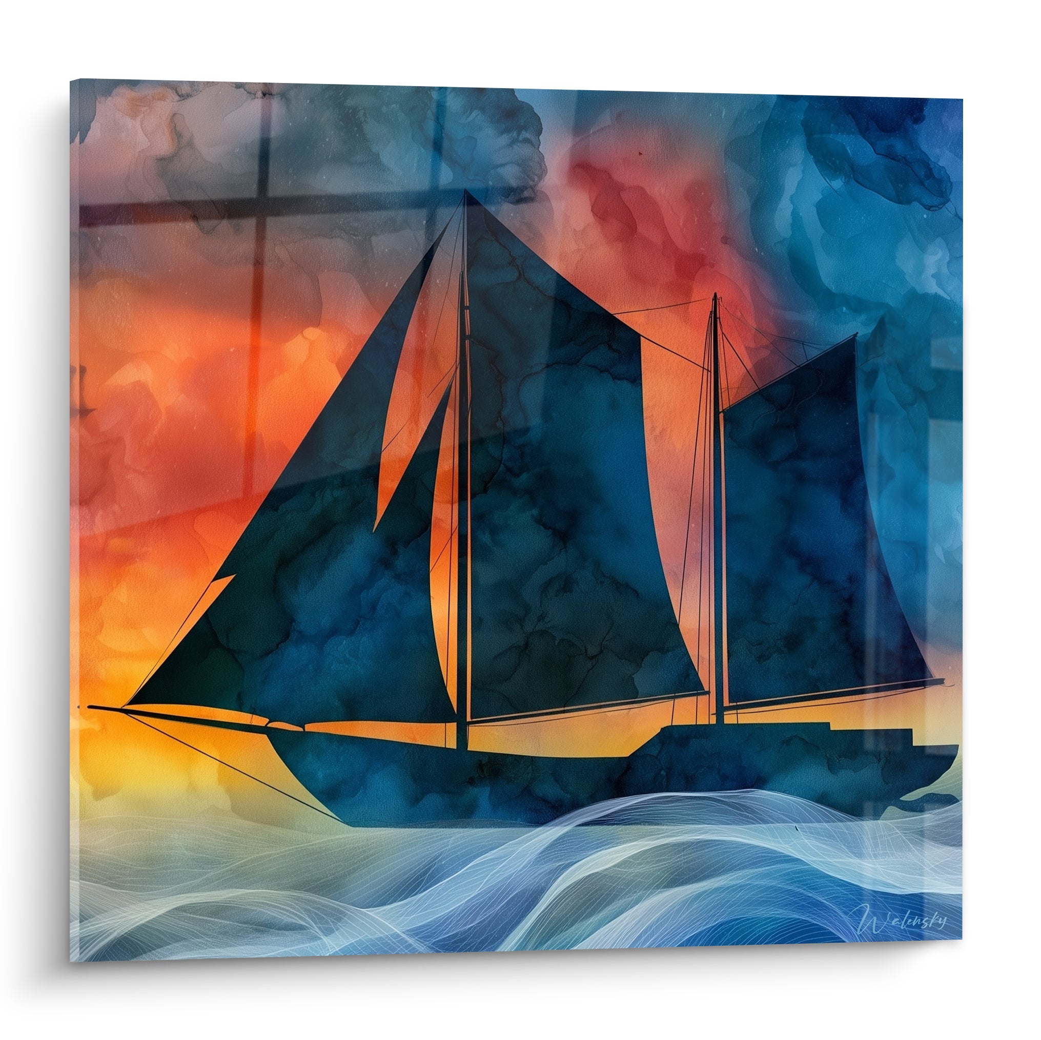 Voilier bleu marine aux voiles sombres traversant des vagues sous un ciel orangé et rouge flamboyant