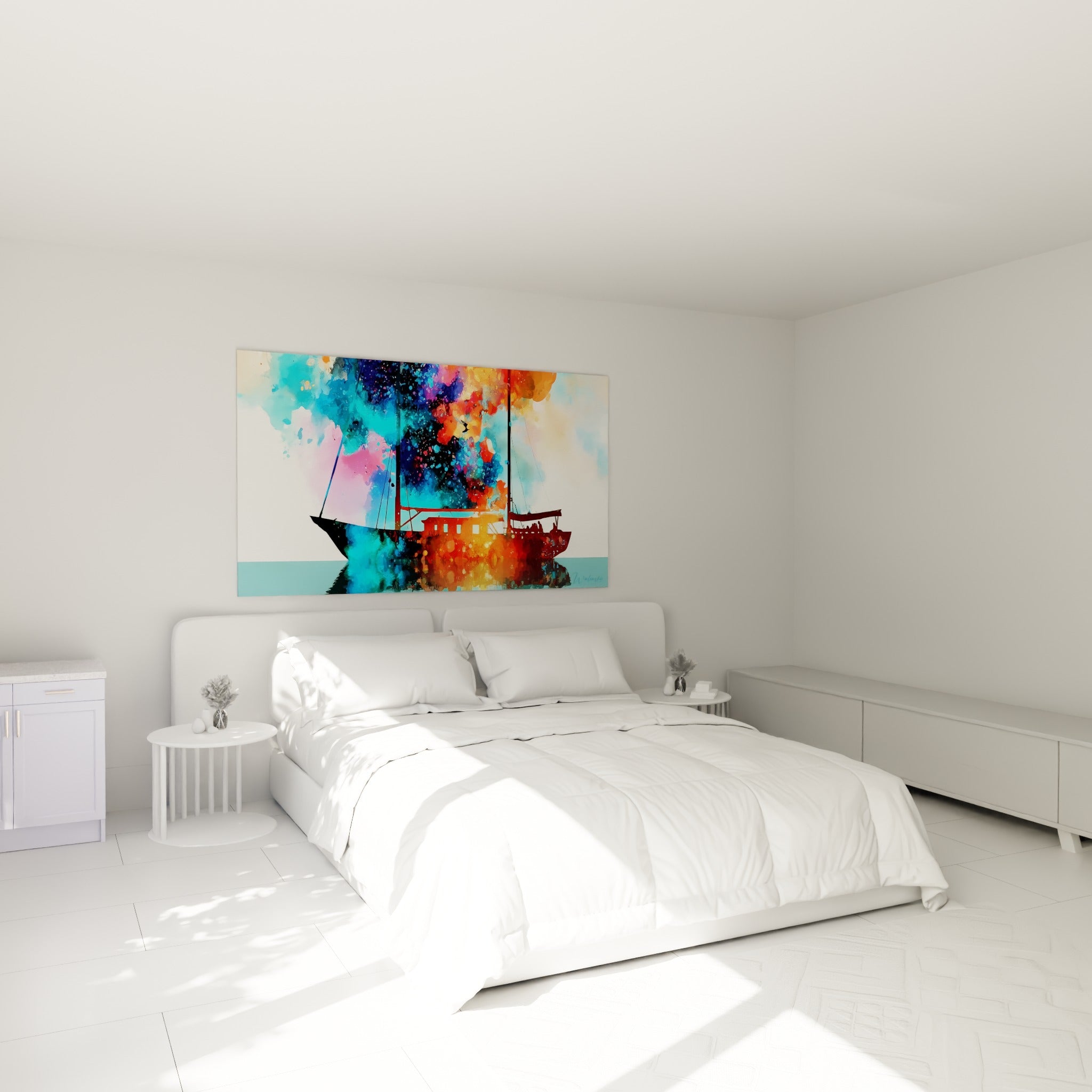 Silhouette de voilier bleu marine et orange fauve accrochée au-dessus d'un lit dans une chambre claire