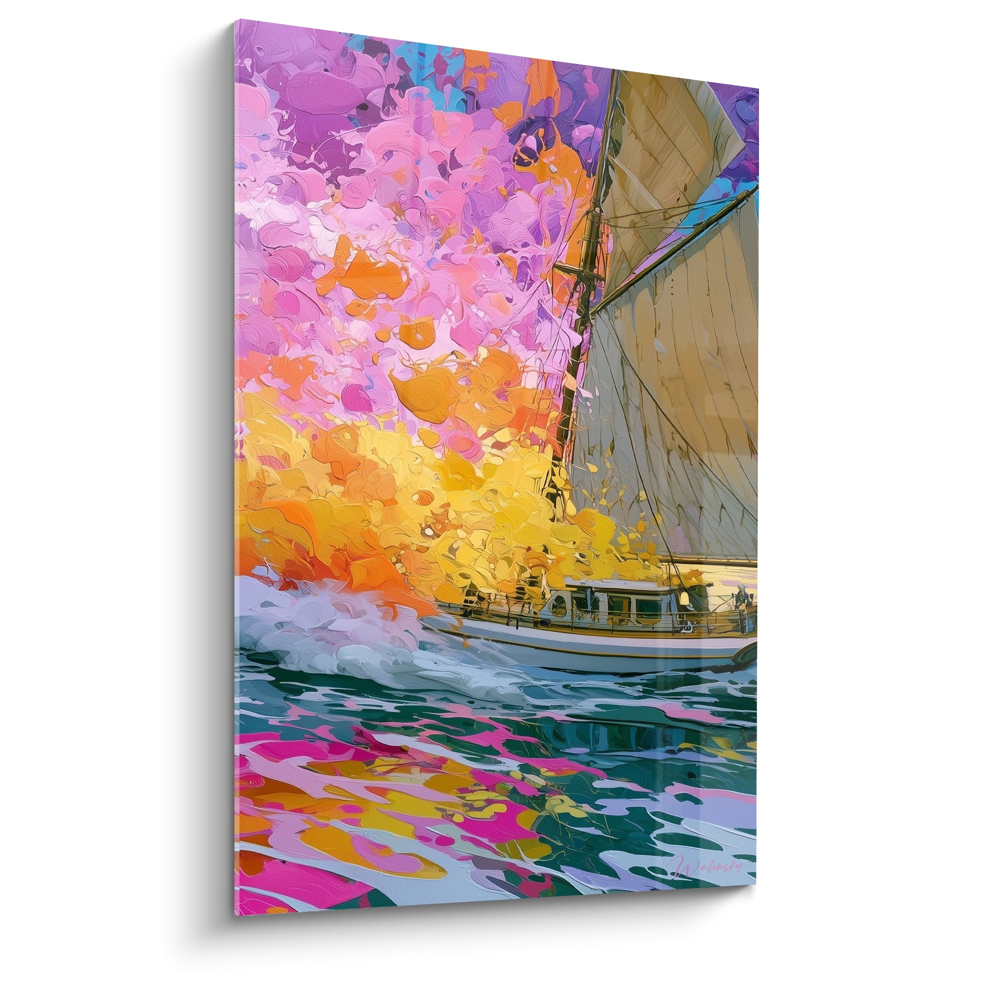Voilier beige voguant sur une mer verte sous un ciel rose et violet flamboyant