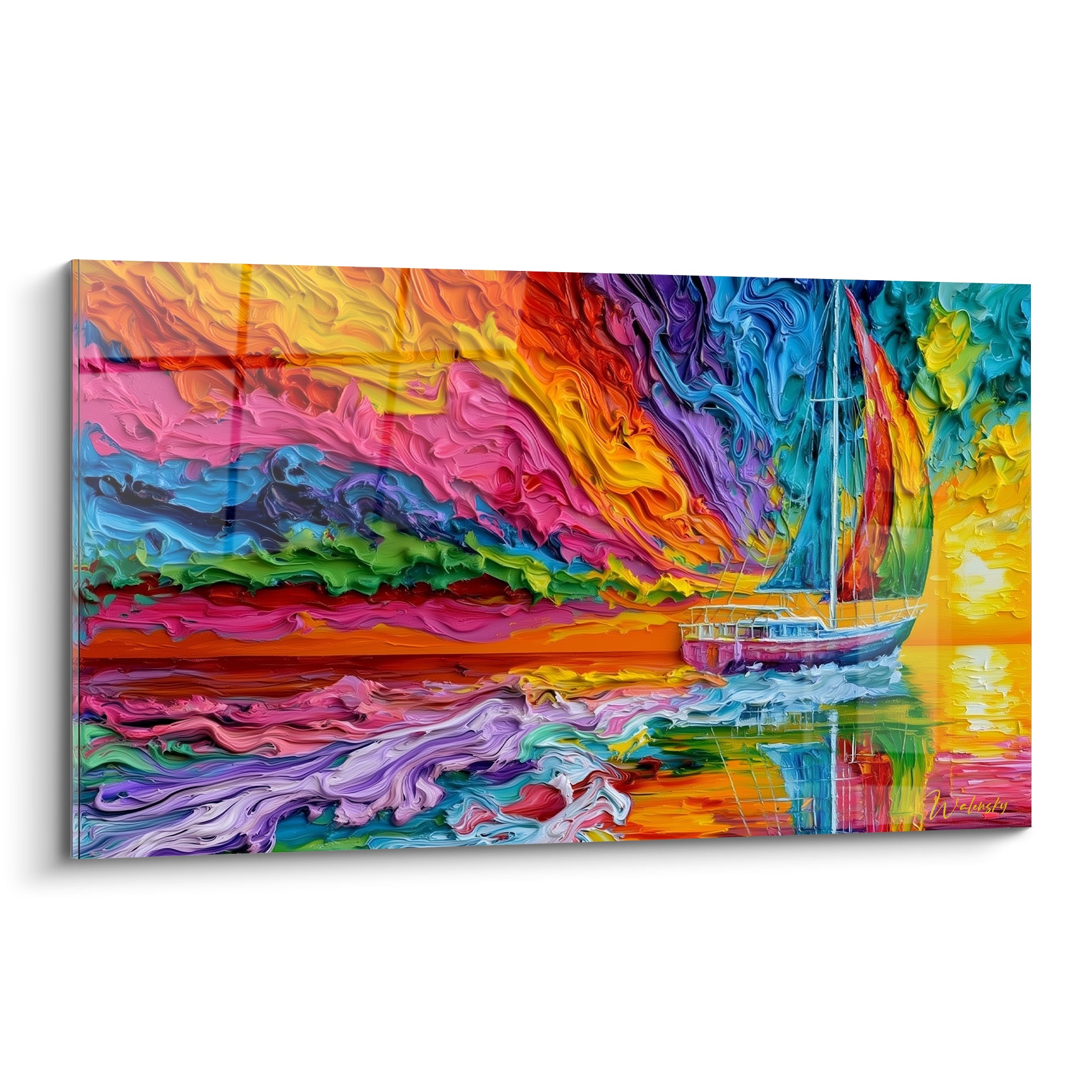 Voilier blanc et bordeaux traversant une mer orange, violette et turquoise en fusion picturale