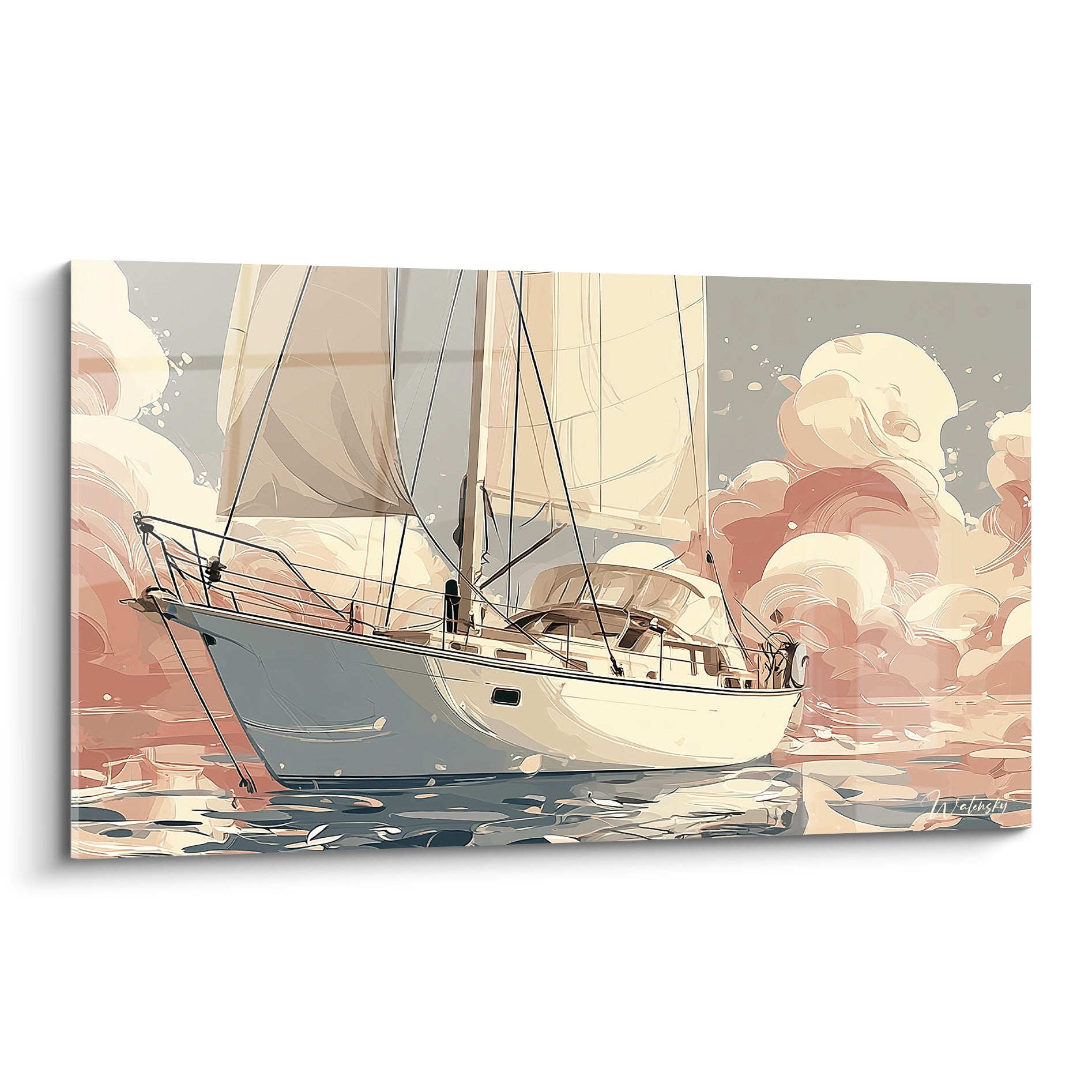 Voilier gris anthracite et crème naviguant sous des nuages rose poudré, style graphique épuré