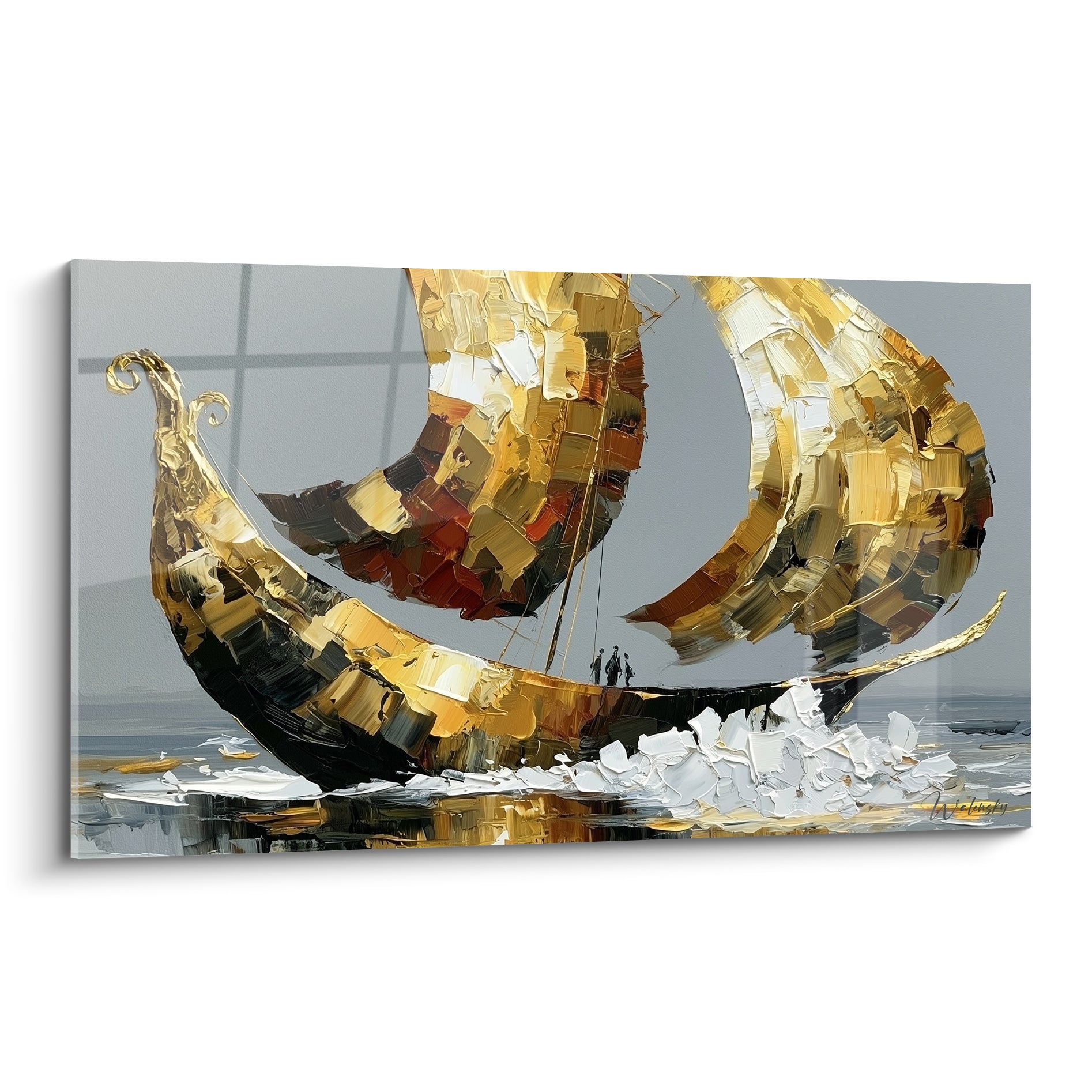 Voilier bateau abstrait doré et anthracite aux voiles sculptées en relief sur fond gris