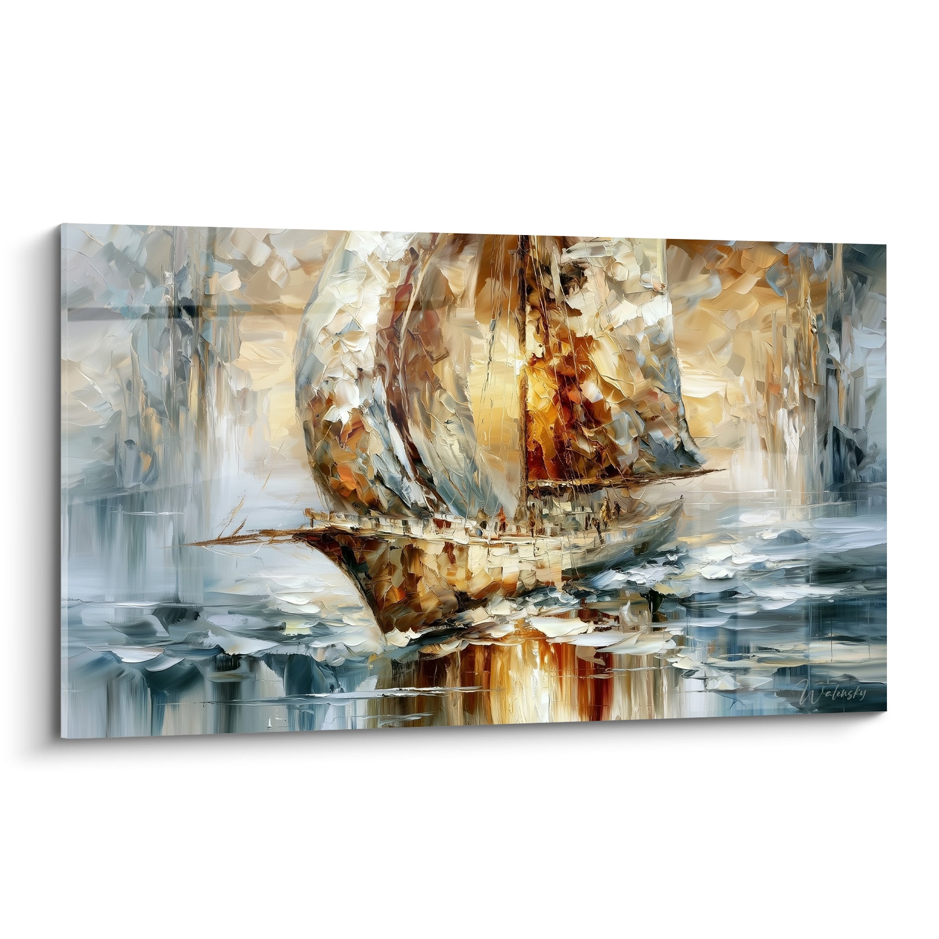 Voilier doré aux voiles texturées glissant sur une mer bleu gris peinte au couteau