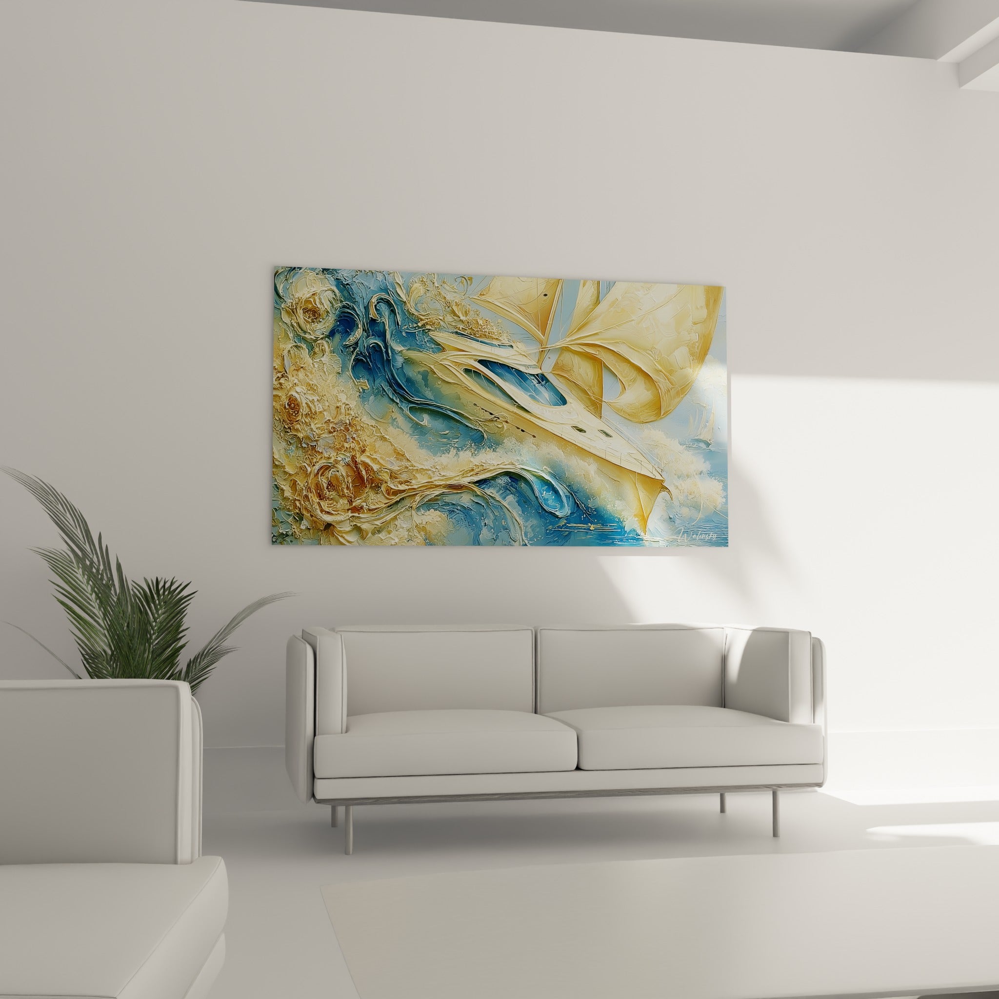 Embarcation dorée traversant l'écume bleu marine, tableau bateau abstrait au-dessus d'un canapé dans un salon lumineux
