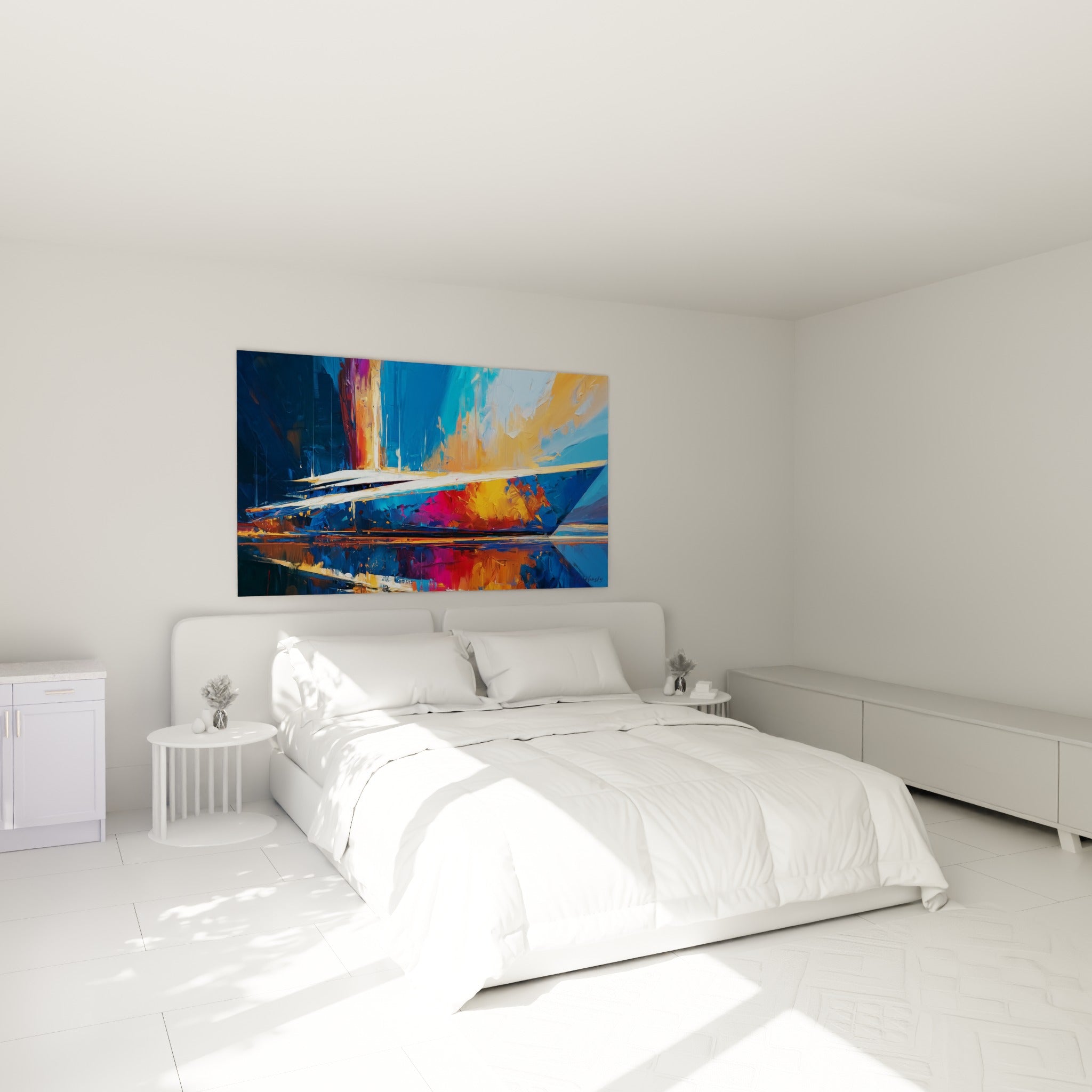 Voilier aux touches orange et bleu profond suspendu au-dessus d'un lit dans une chambre claire