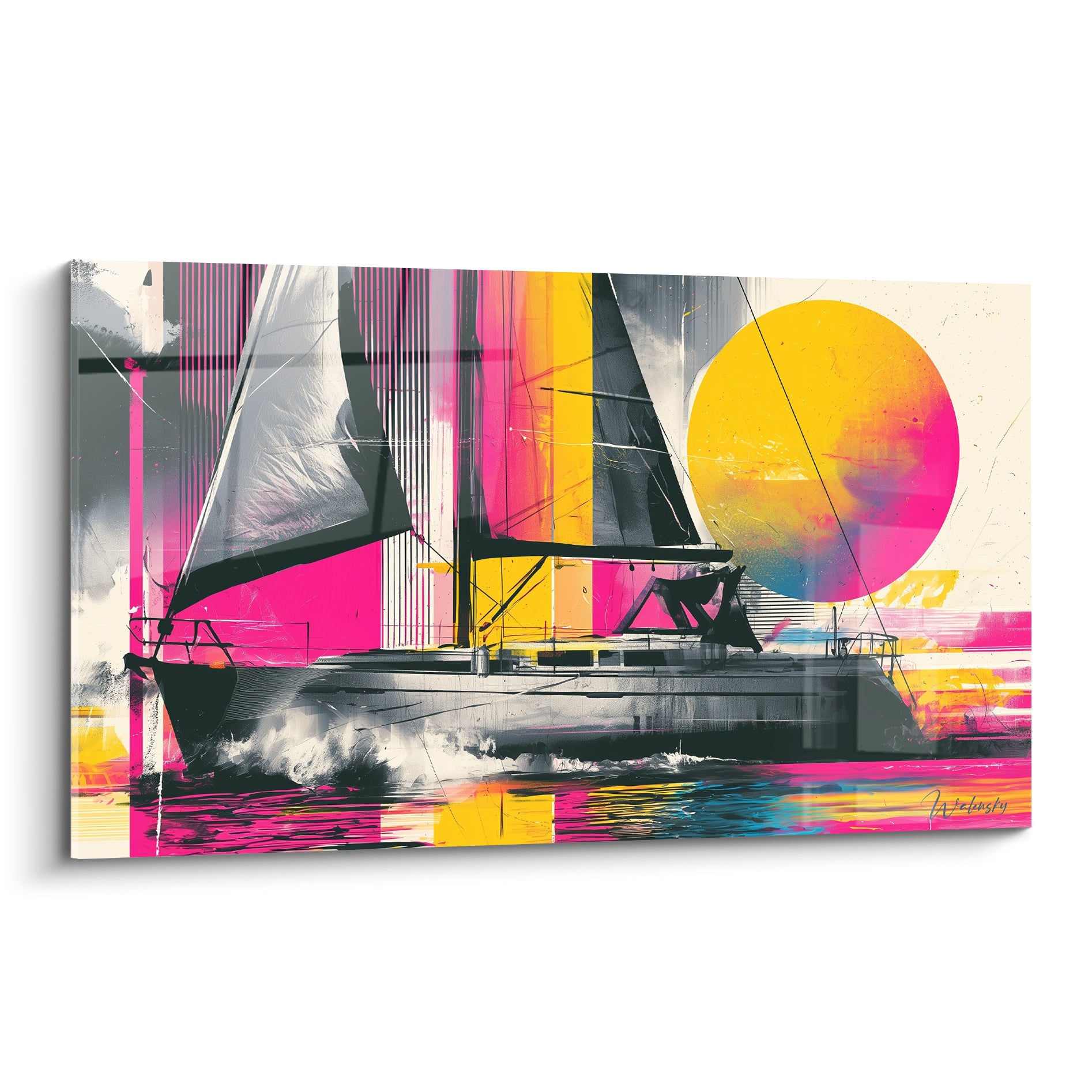 Voilier noir dressé sur fond rose fuchsia et jaune éclatant, style graphique pictural