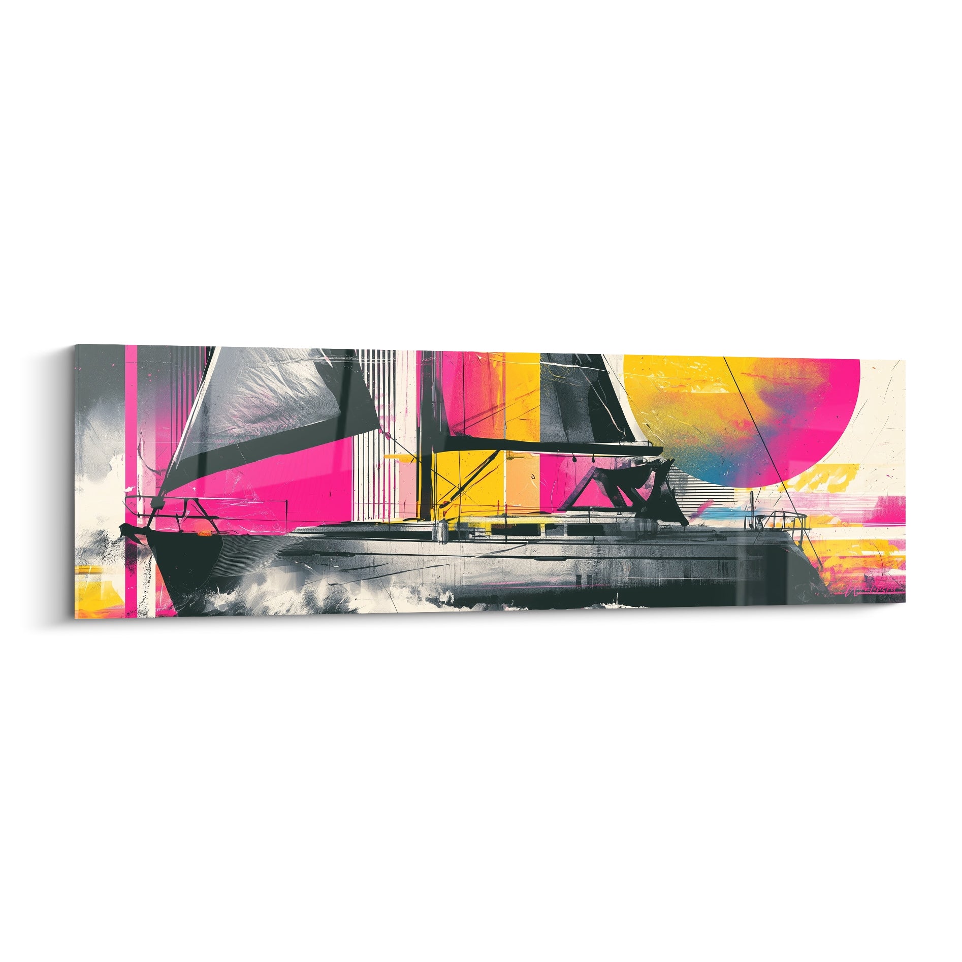 Voilier noir aux voiles graphiques sur fond fuchsia et jaune, tableau bateau abstrait panoramique