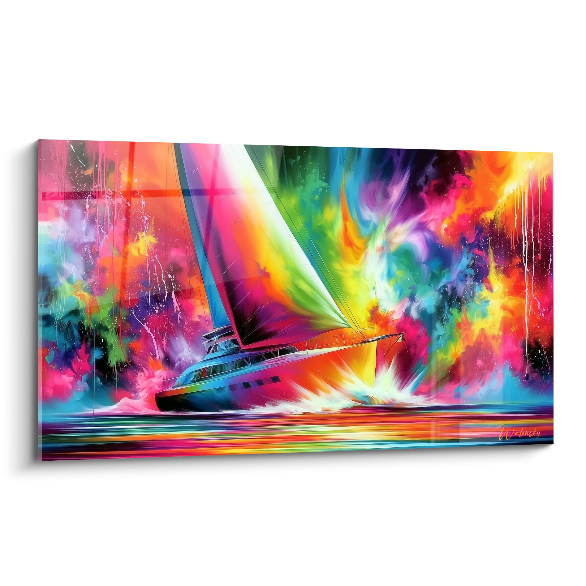 Voilier fuchsia et turquoise fendant une explosion de couleurs sur toile abstraite lumineuse