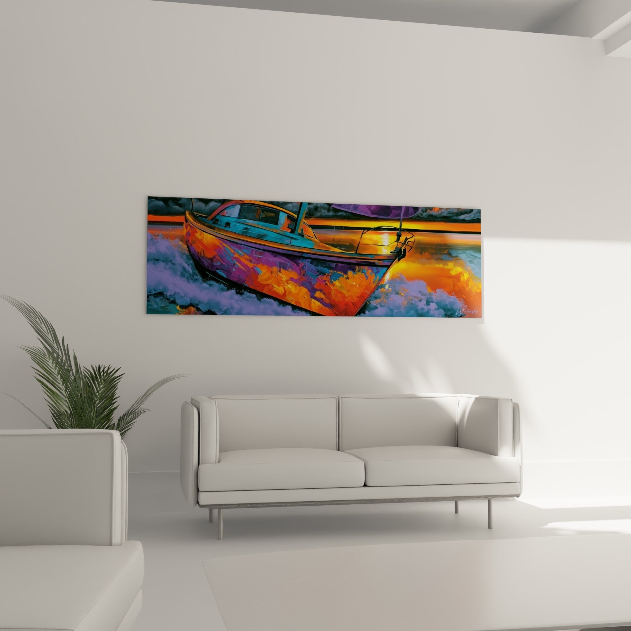 Voilier violet et orange voguant sur une mer agitée, tableau bateau abstrait au-dessus d'un canapé dans un salon lumineux
