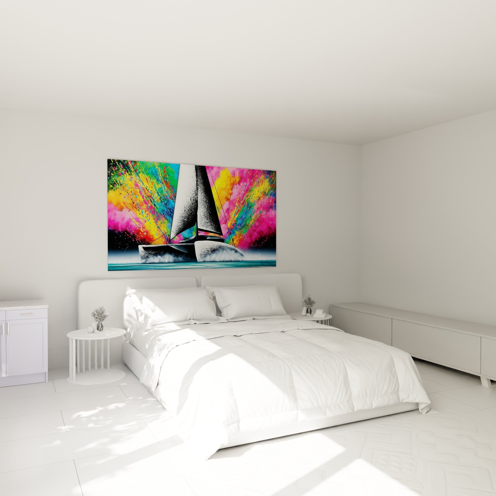 Voilier graphique noir et blanc entouré d'éclats colorés, au-dessus d'un lit dans une chambre claire