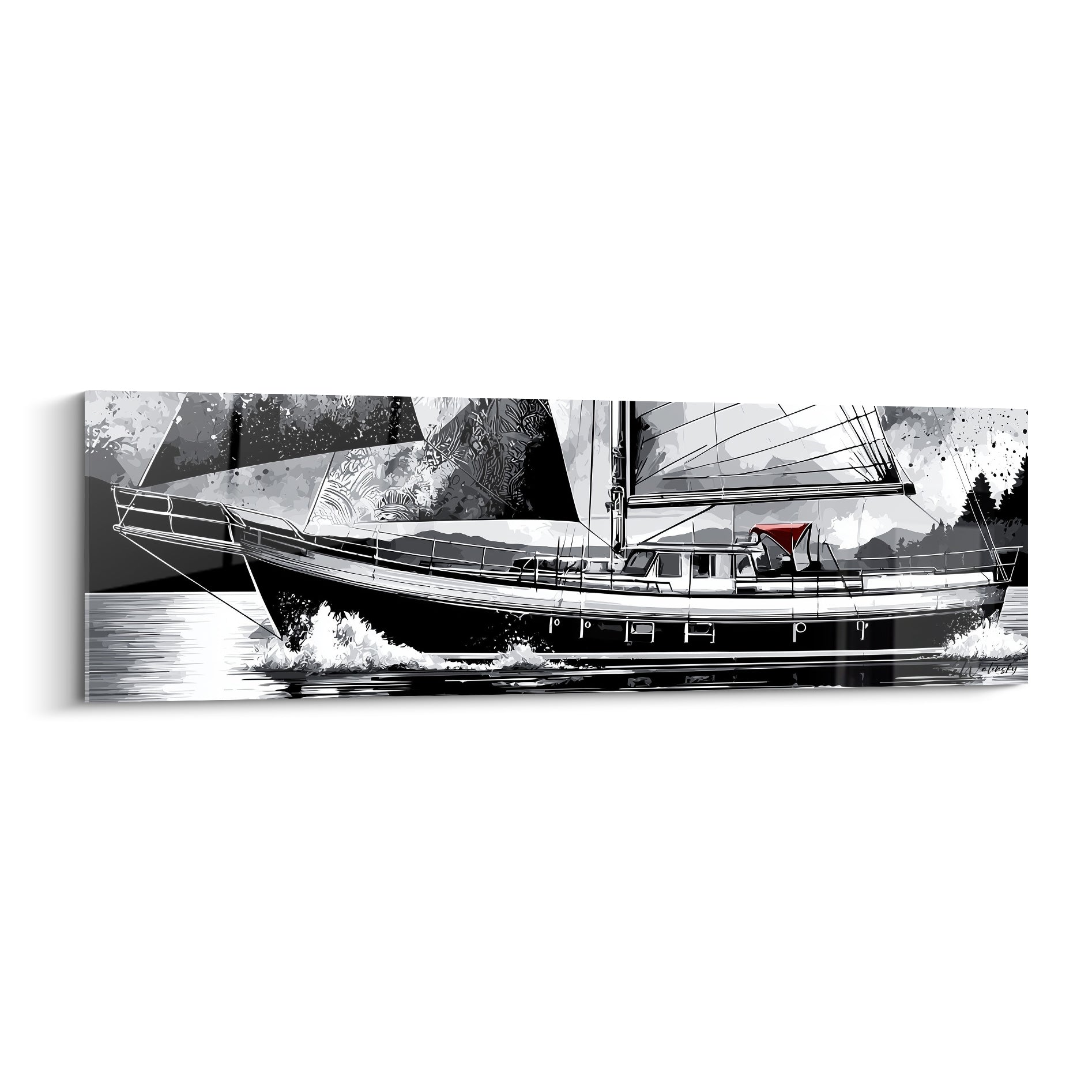 Voilier noir et blanc aux voiles graphiques, coque sombre fendant l'écume, touche rouge au cockpit