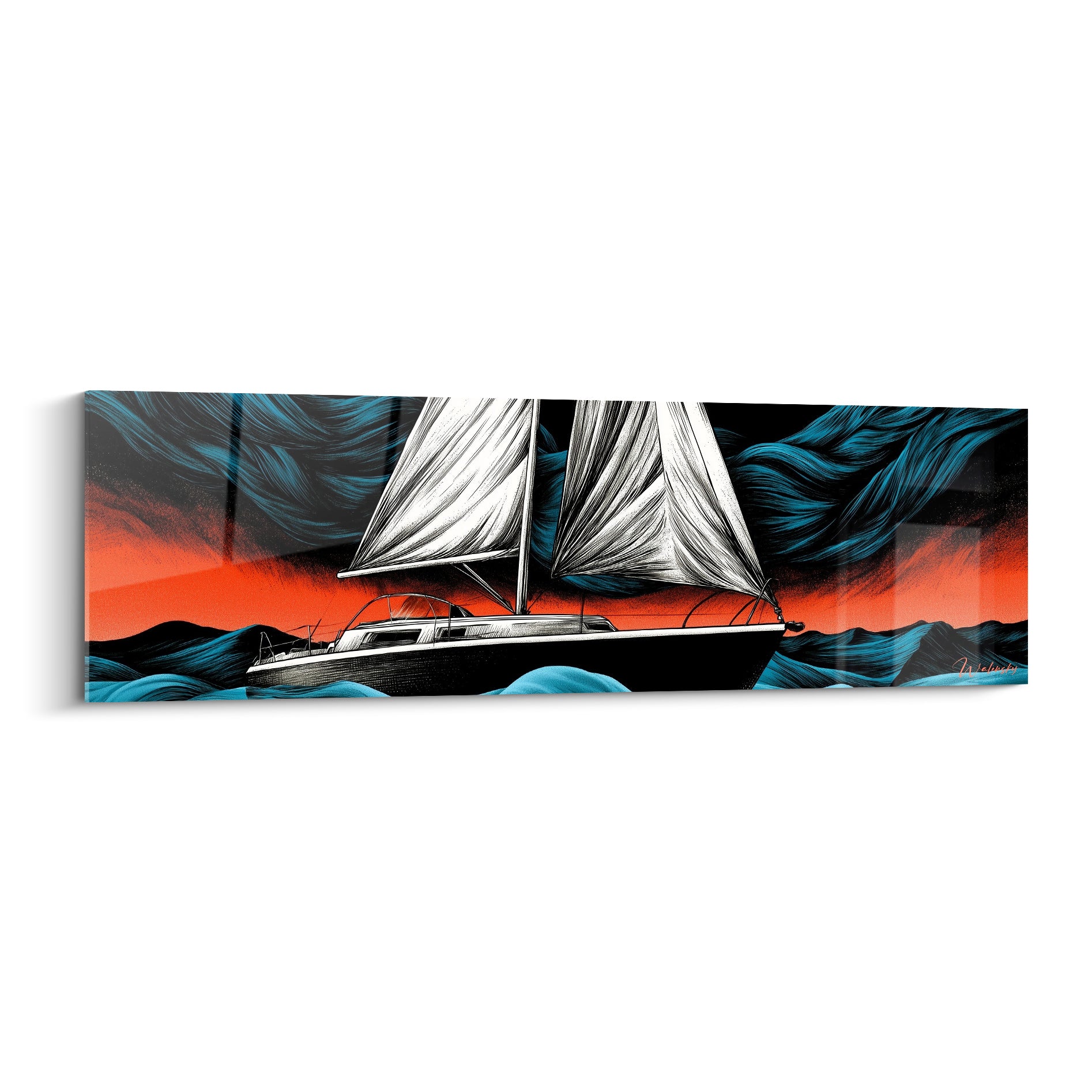 Voilier noir aux voiles blanches sur fond corail et bleu pétrole, style illustration gravée dramatique