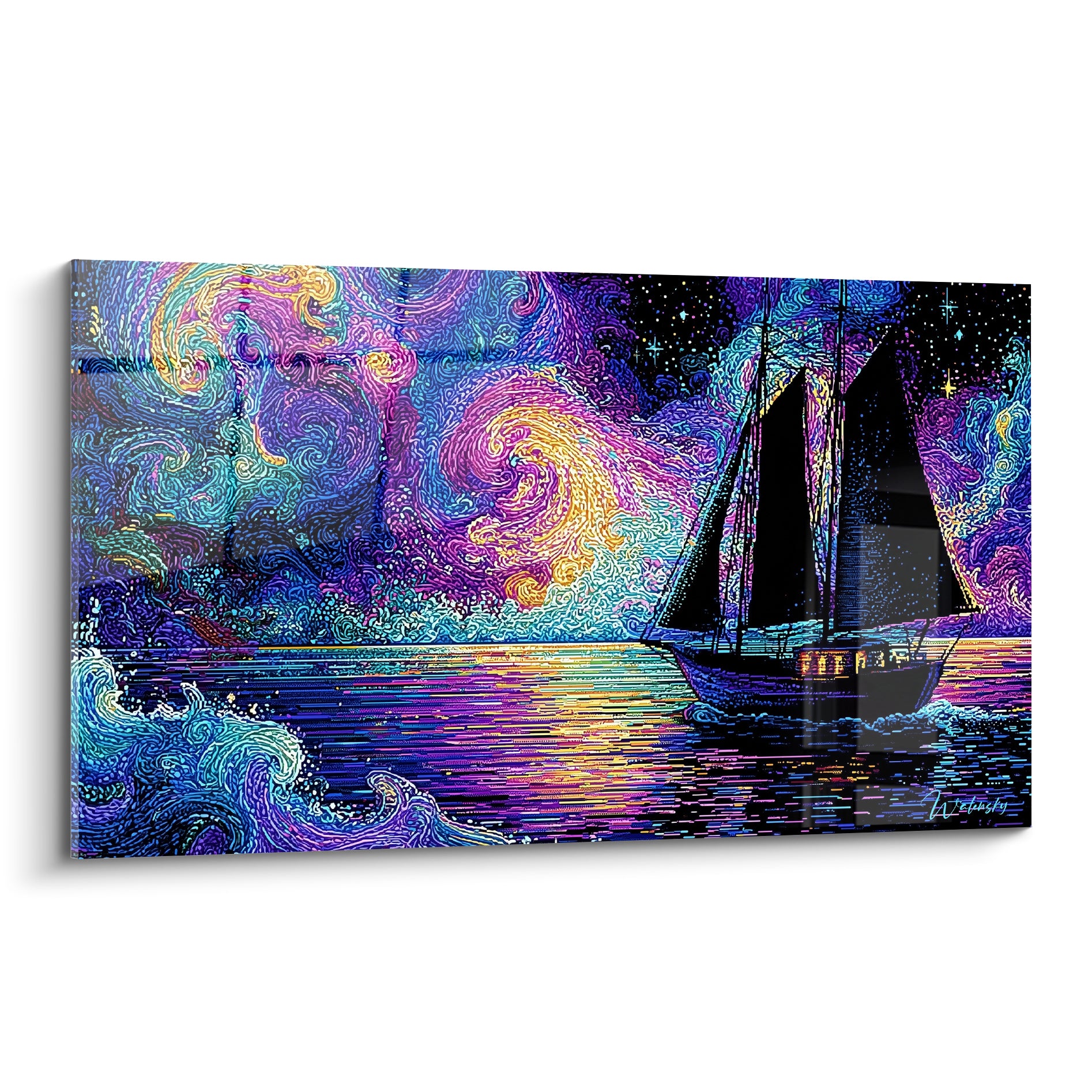 Voilier noir aux voiles sombres sur mer violette et dorée, ciel étoilé tourbillonnant, tableau bateau abstrait