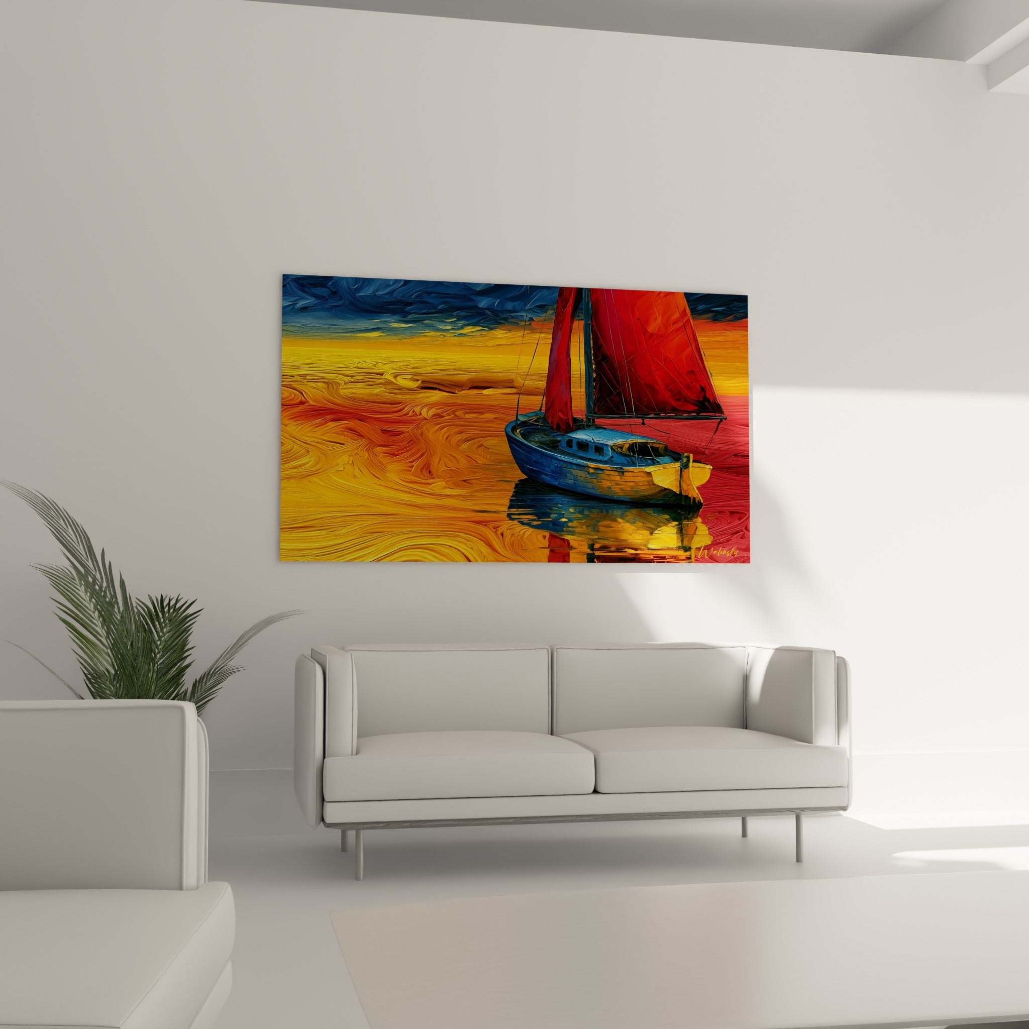 Sailboat dérivant sur une mer ocre et rouge, accroché au-dessus d'un canapé dans un salon lumineux