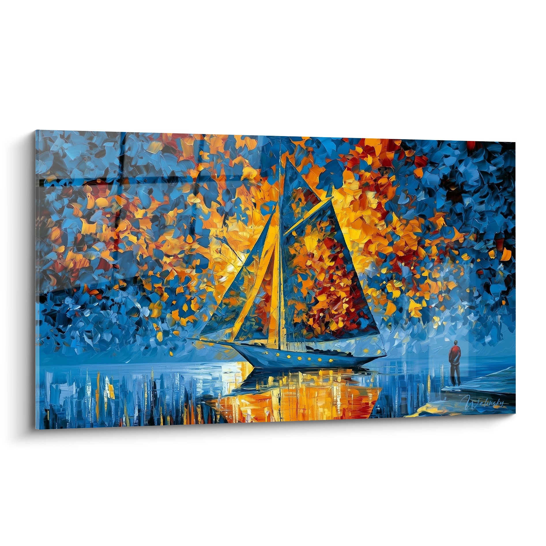 Voilier bleu marine aux voiles orange embrasées, silhouette rouge face à la mer étoilée