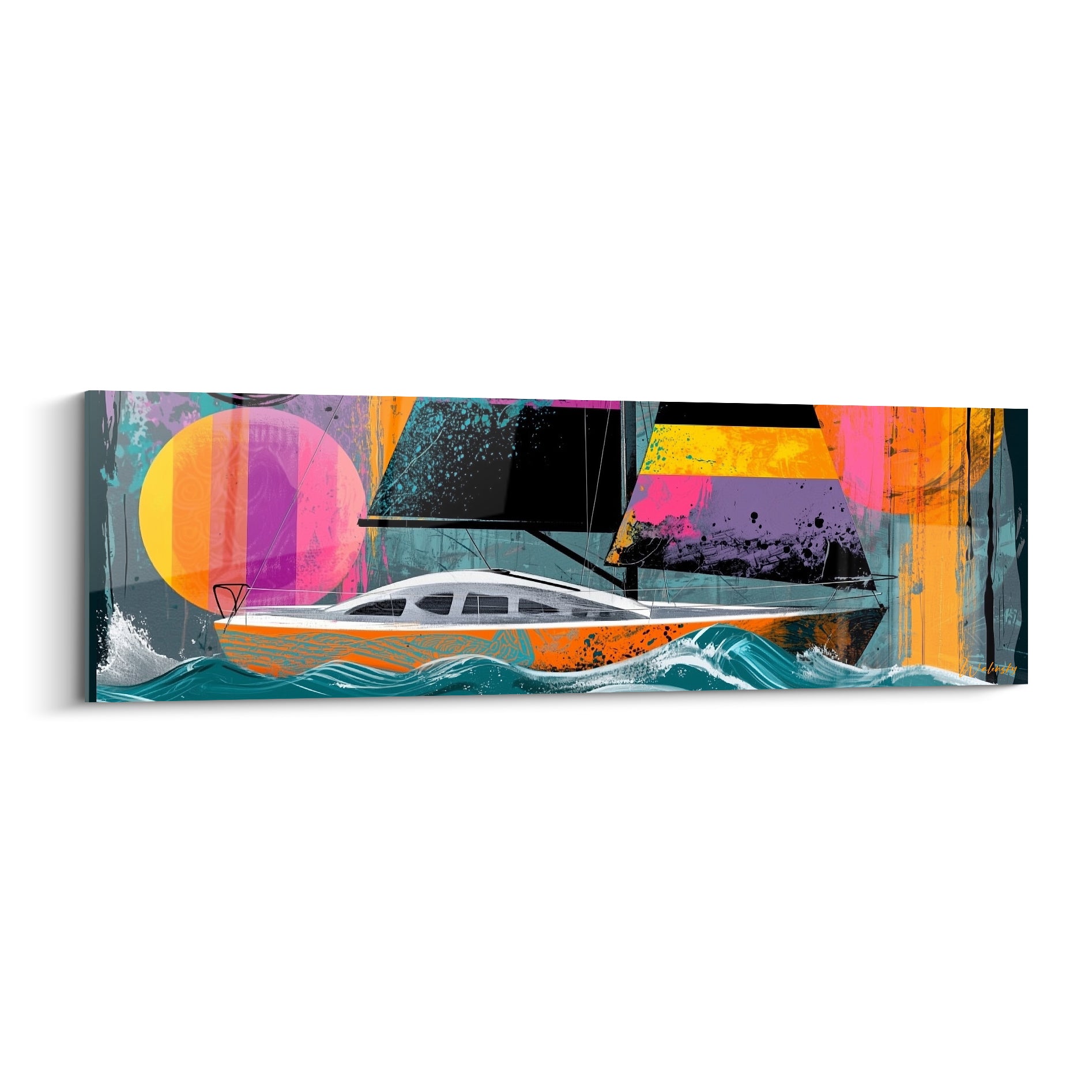 Voilier blanc et orange sur vagues turquoise, tableau bateau abstrait aux voiles violettes et roses éclatantes