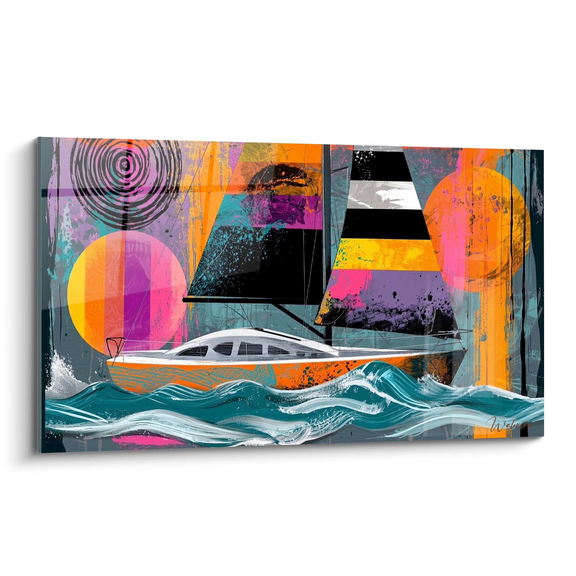 Voilier orange et blanc sur fond turquoise et rose, voiles rayées noir et jaune, style pop