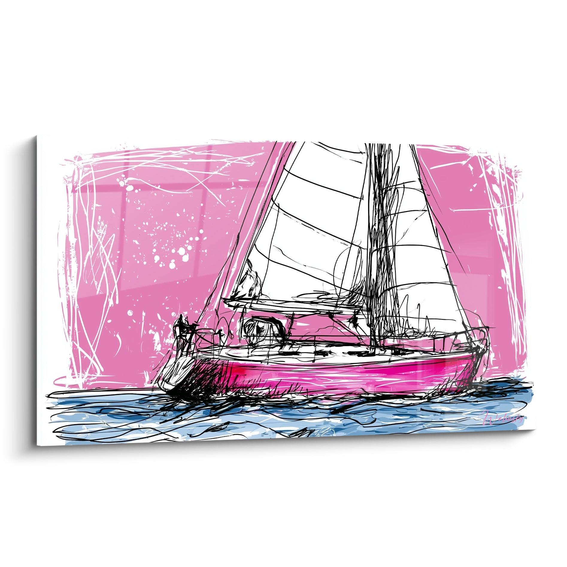 Voilier esquissé au trait noir sur fond rose fuchsia et coque rosée, mer bleu ardoise en dessous