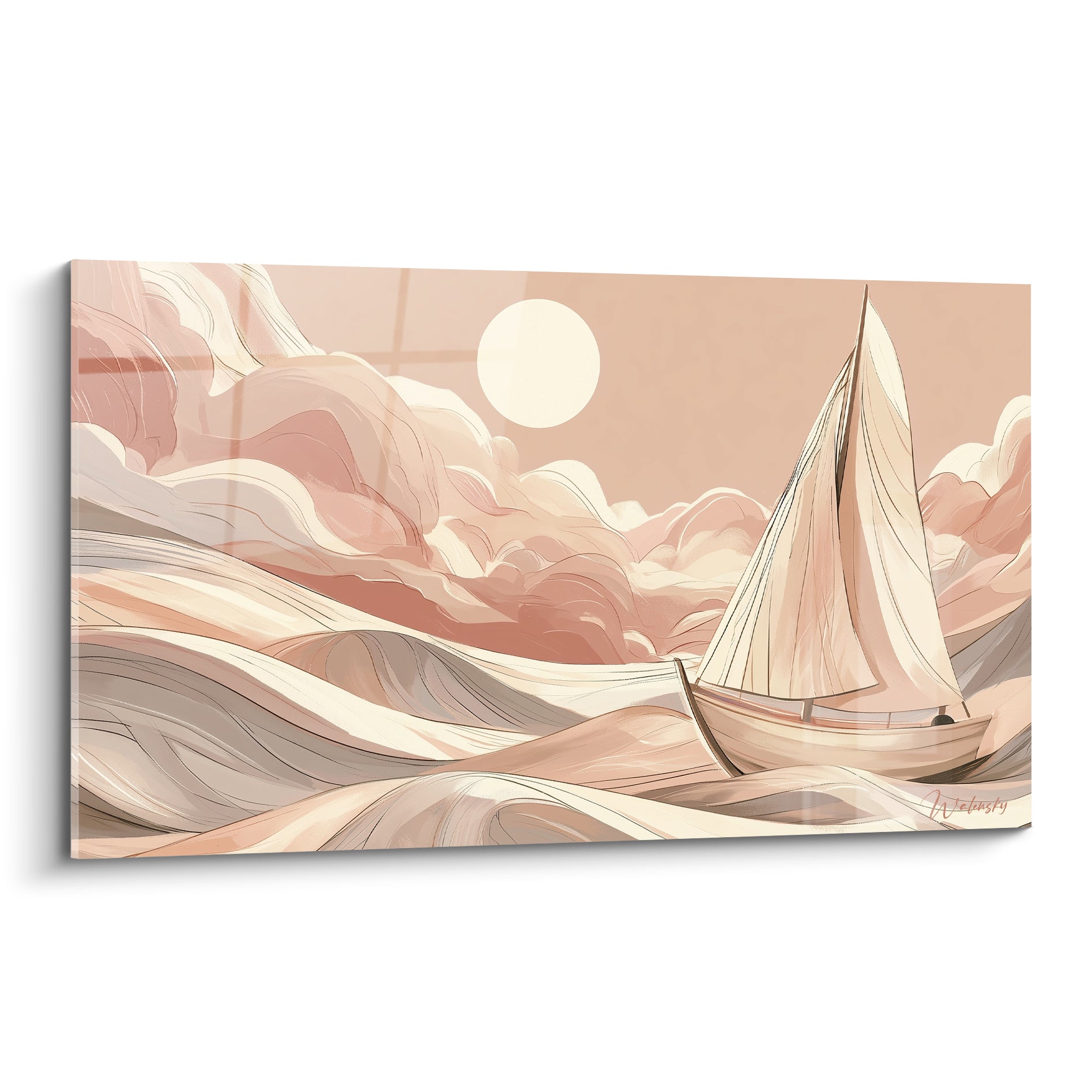 Voilier crème solitaire sur vagues ocre et rose poudré, ciel nuageux et soleil pâle, tableau bateau abstrait