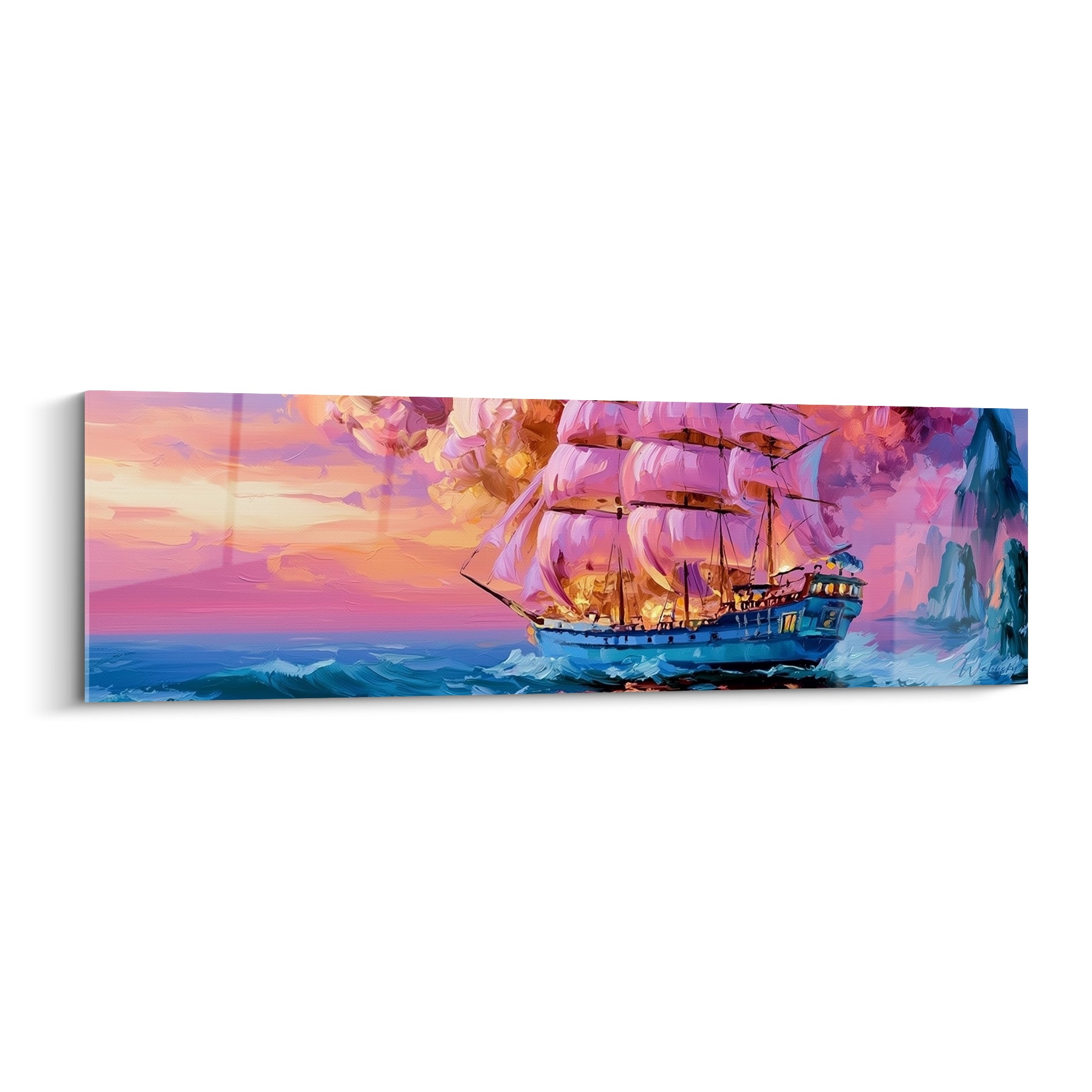 Voilier ancien aux voiles roses et coque bleu marine sur une mer turquoise agitée
