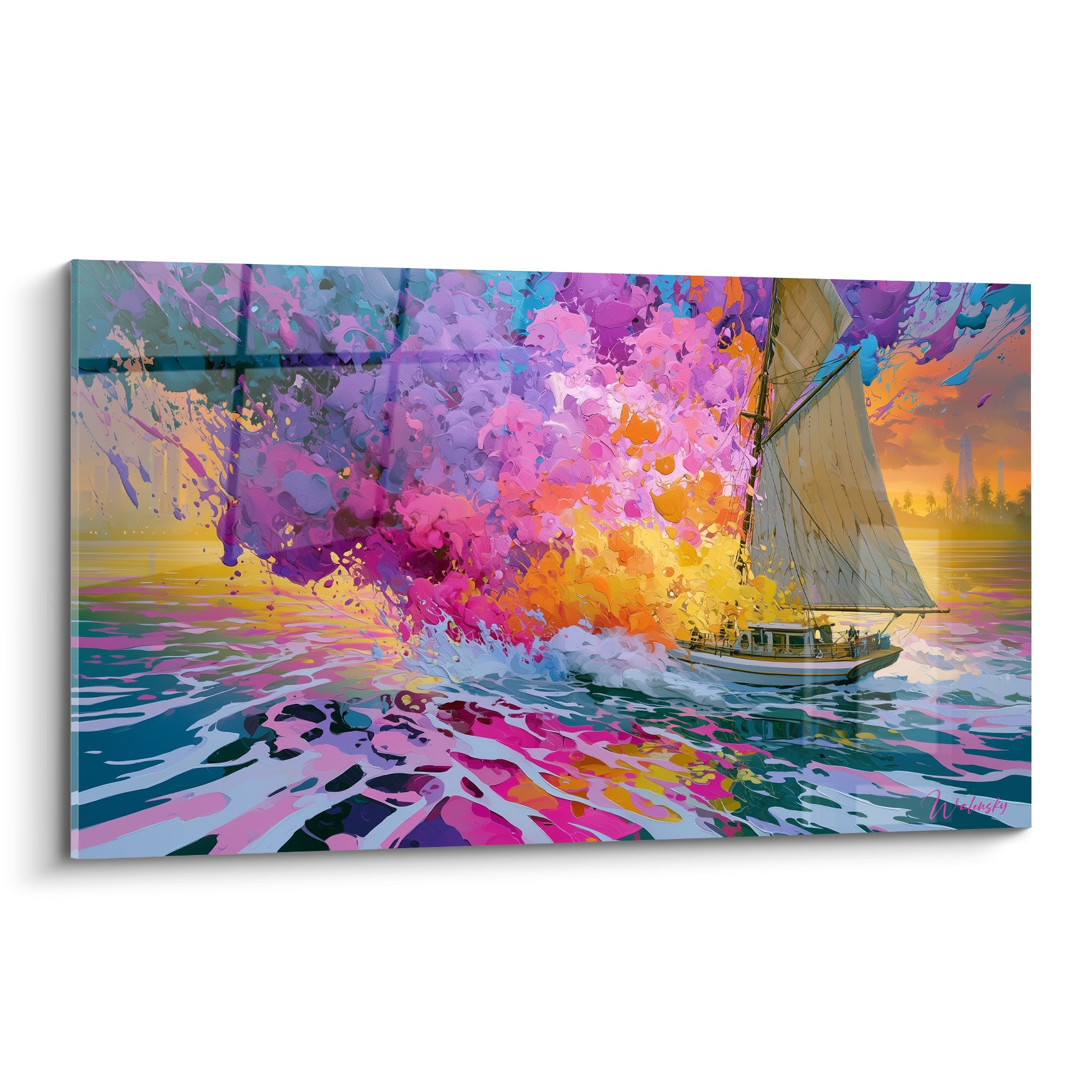 Voilier beige fendant une explosion rose et violette sur une mer bleu marine, tableau Bateau abstrait