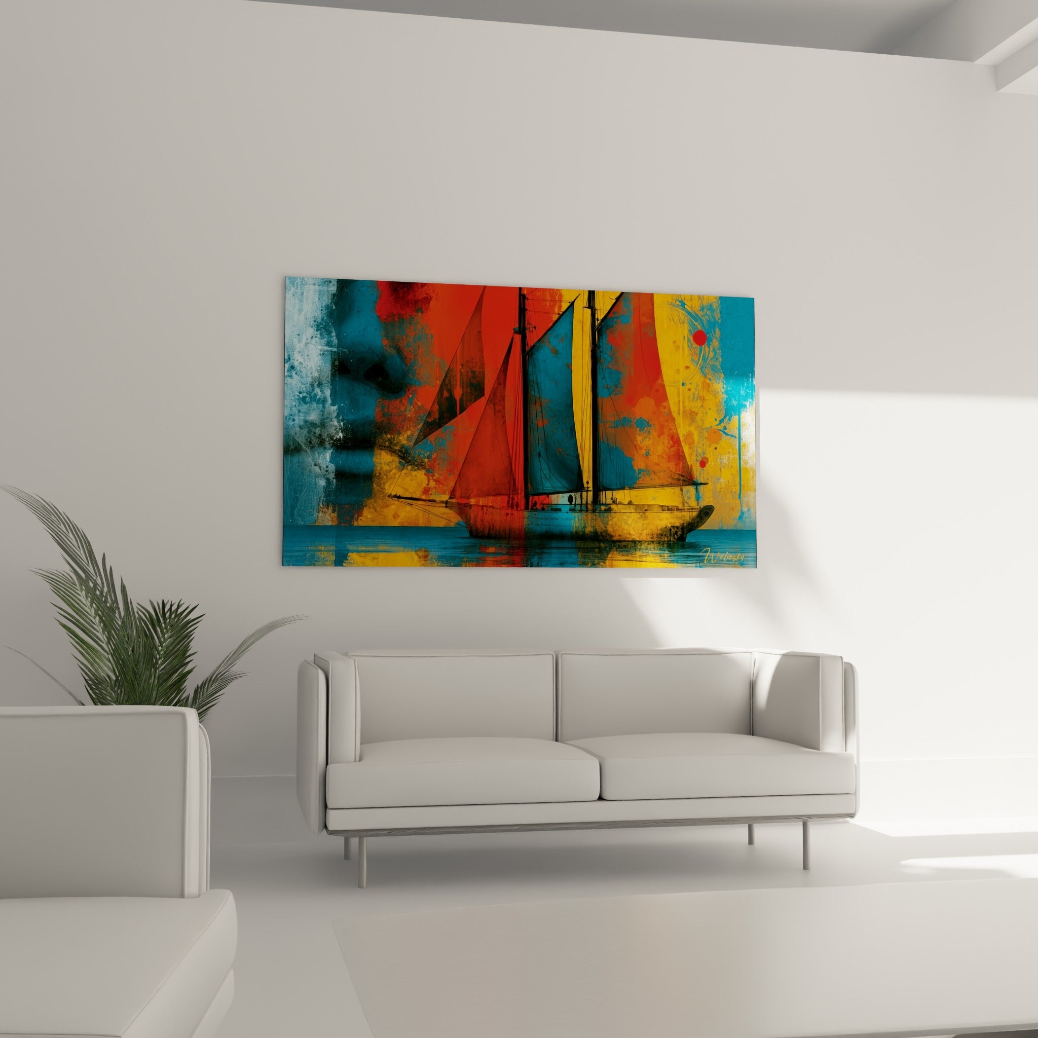 Silhouette de bateau à voiles rouges et jaunes, tableau accroché au-dessus d'un canapé dans un salon lumineux