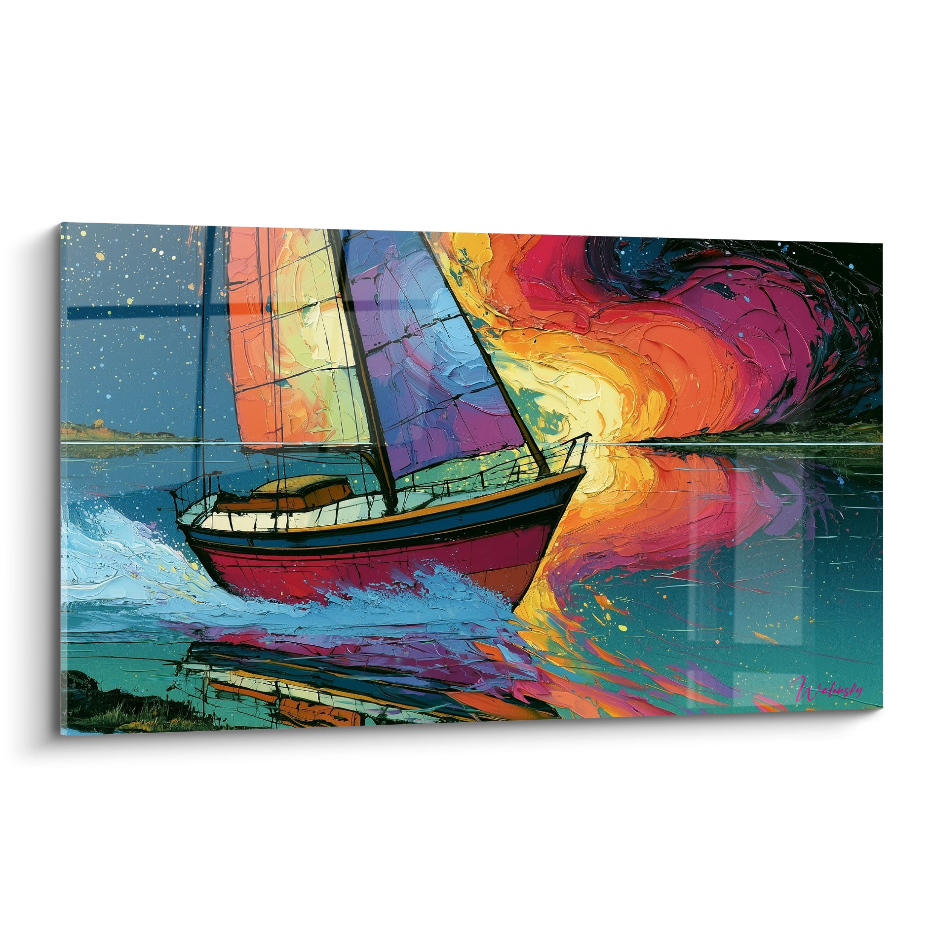 Voilier rouge et bleu aux voiles violettes fendant une mer turquoise sous un ciel orange embrasé