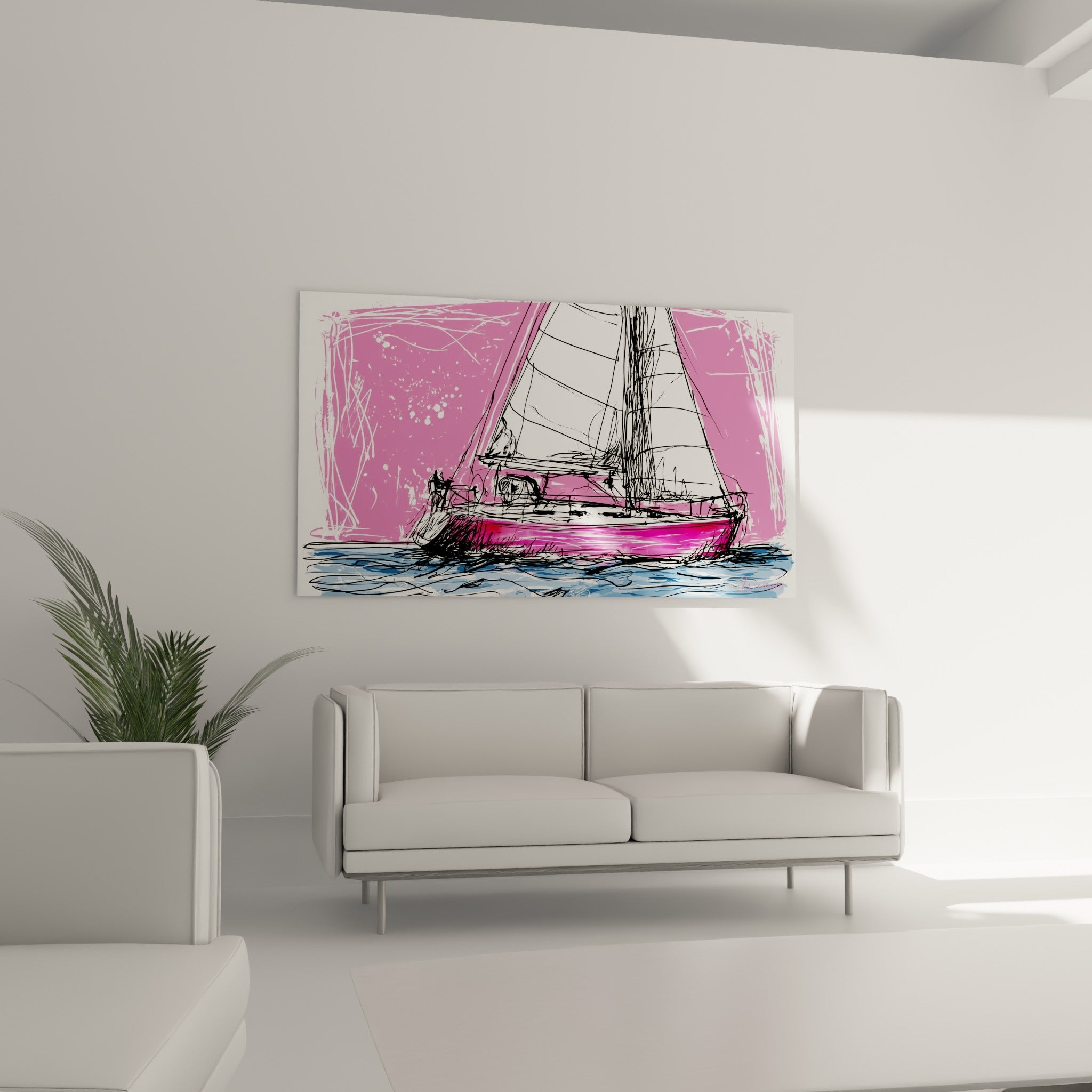 Bateau à voile rose fuchsia et bleu ardoise disposé au-dessus d'un canapé dans un salon lumineux