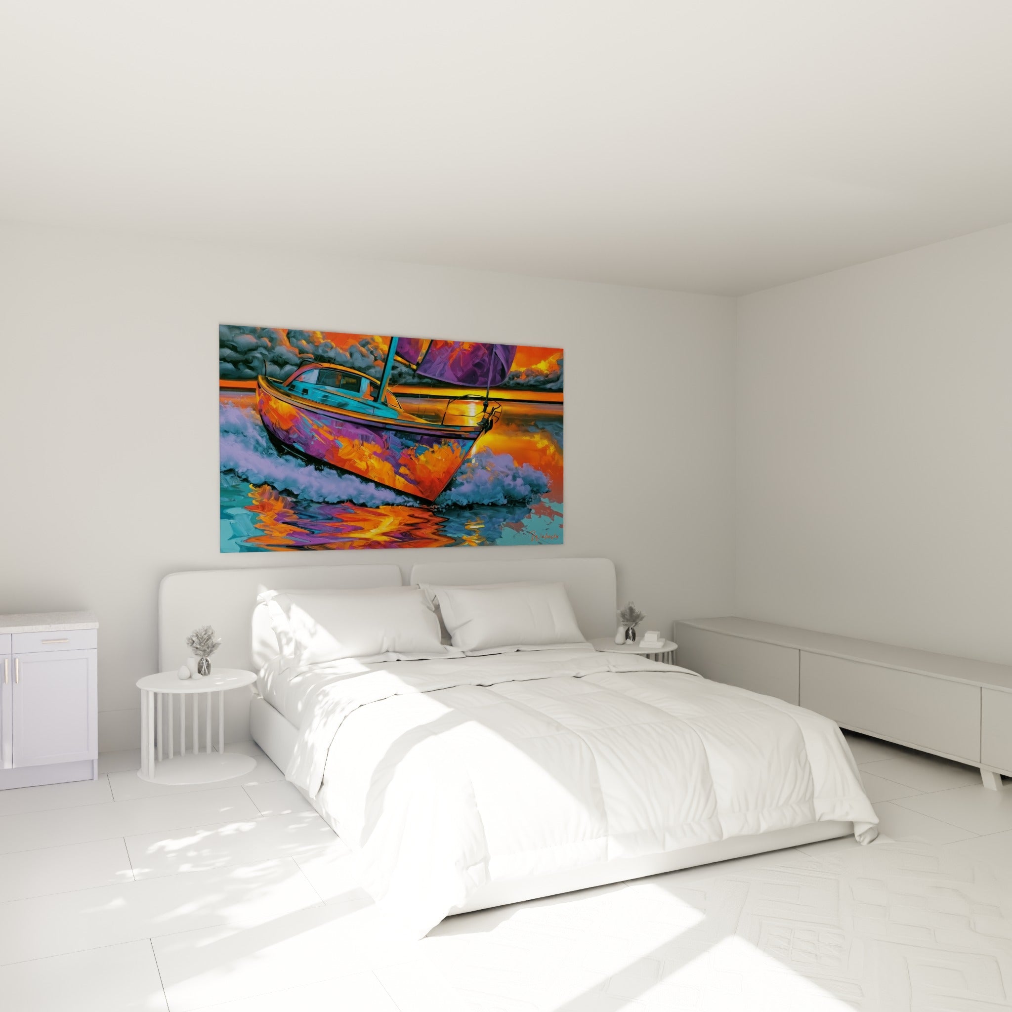 Voilier aux teintes orange et violettes filant sur des vagues, au-dessus d'un lit dans une chambre claire