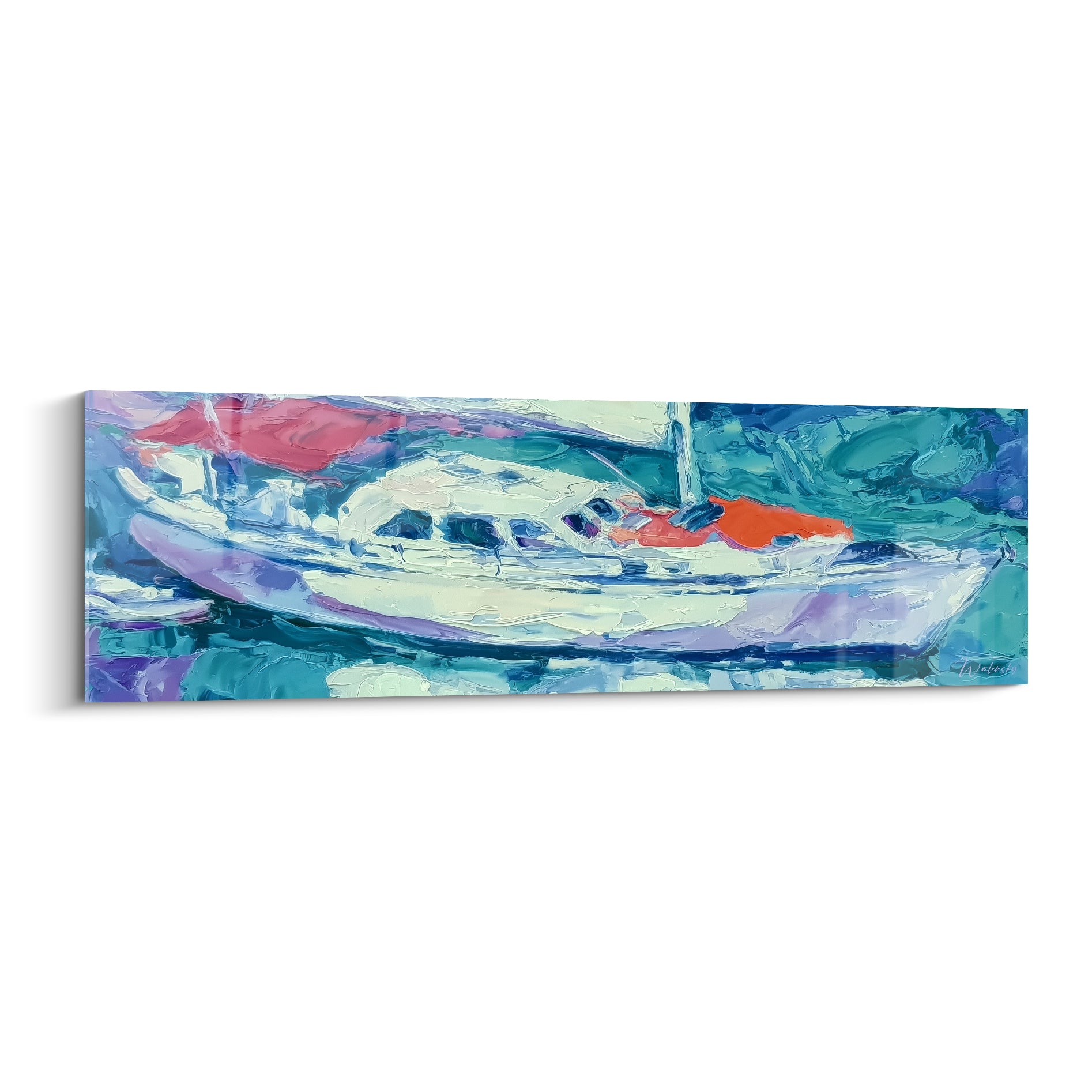 Voilier blanc aux voiles orange vif et turquoise, peinture au couteau texturée sur toile