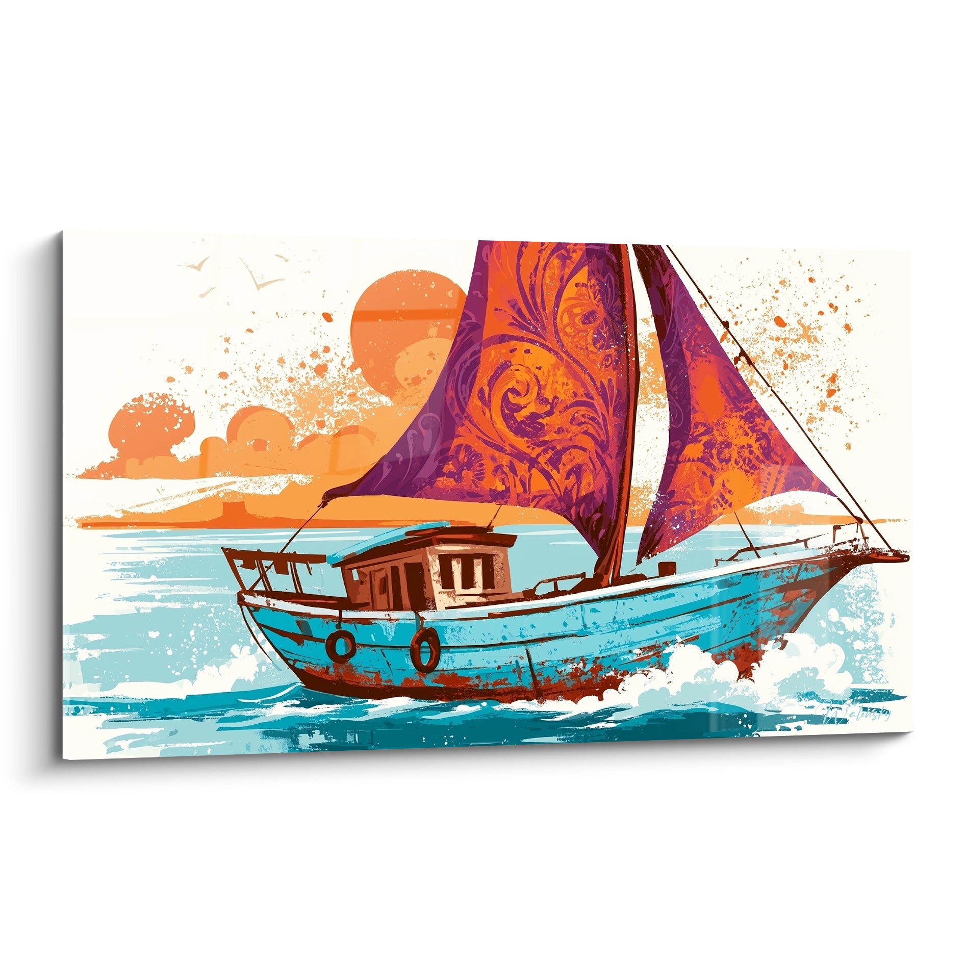 Voilier bleu turquoise aux voiles pourpres et orange fendant les vagues sous un ciel ocre lumineux
